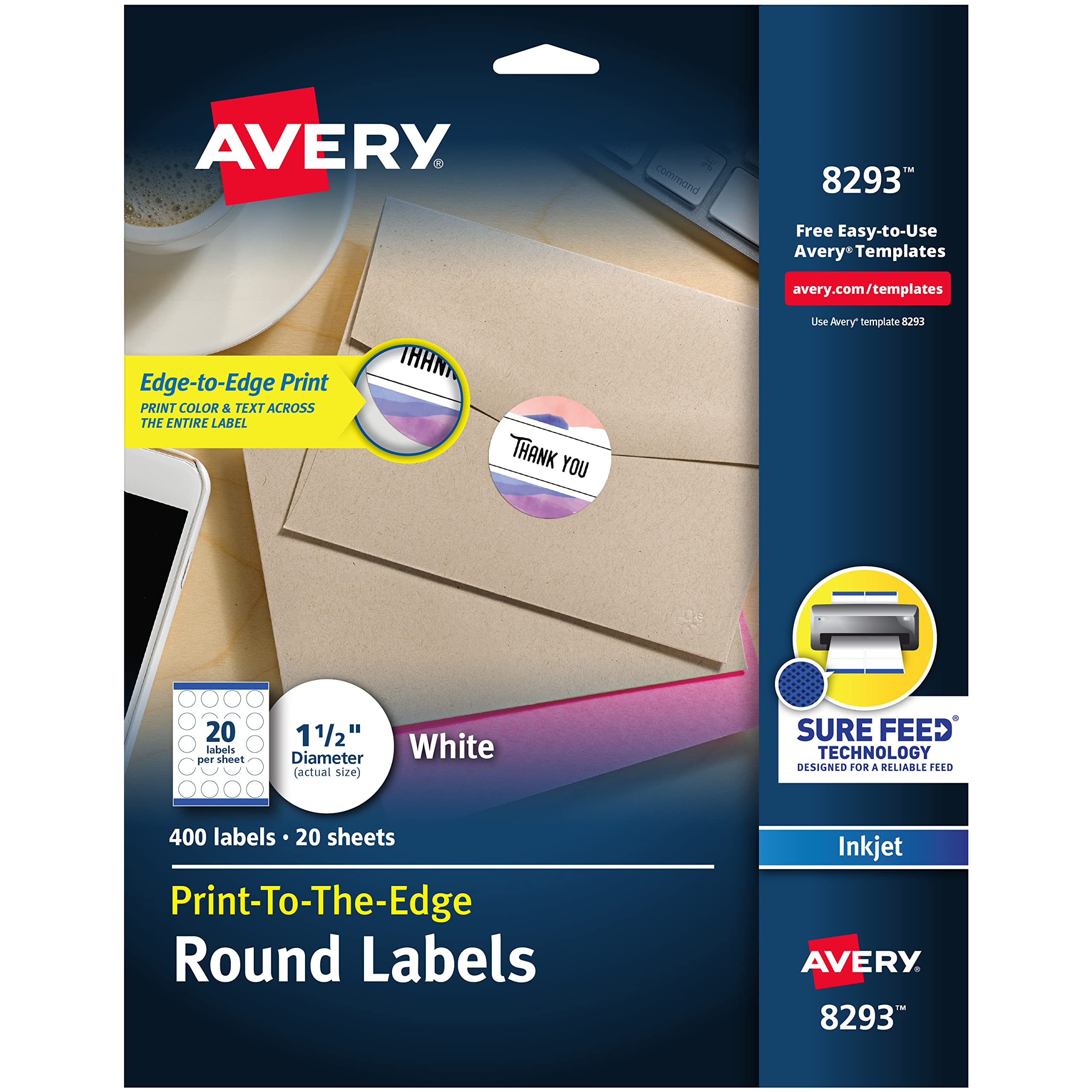 Avery® Matte White High-Visibility Labels for Inkjet Printers, 1-1/2 Inch Diameter, Pack of 400 (8293)