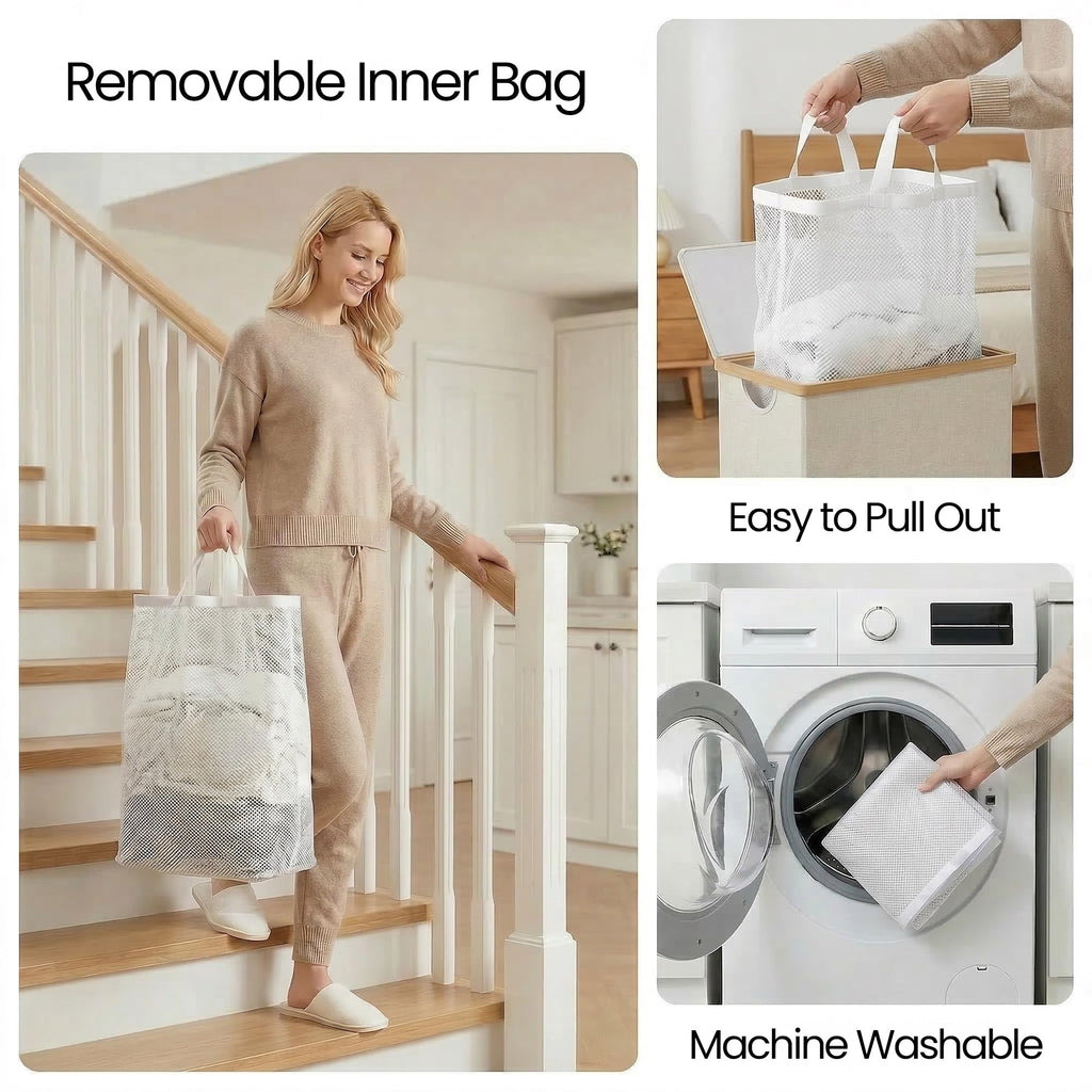 efluky Slim Laundry Basket with Lid, Narrow Laundry Hamper with Removable Bag, Skinny Dirty Clothes Basket with Bamboo Handles for Bathroom, Bedroom & Laundry Room, 65L Beige