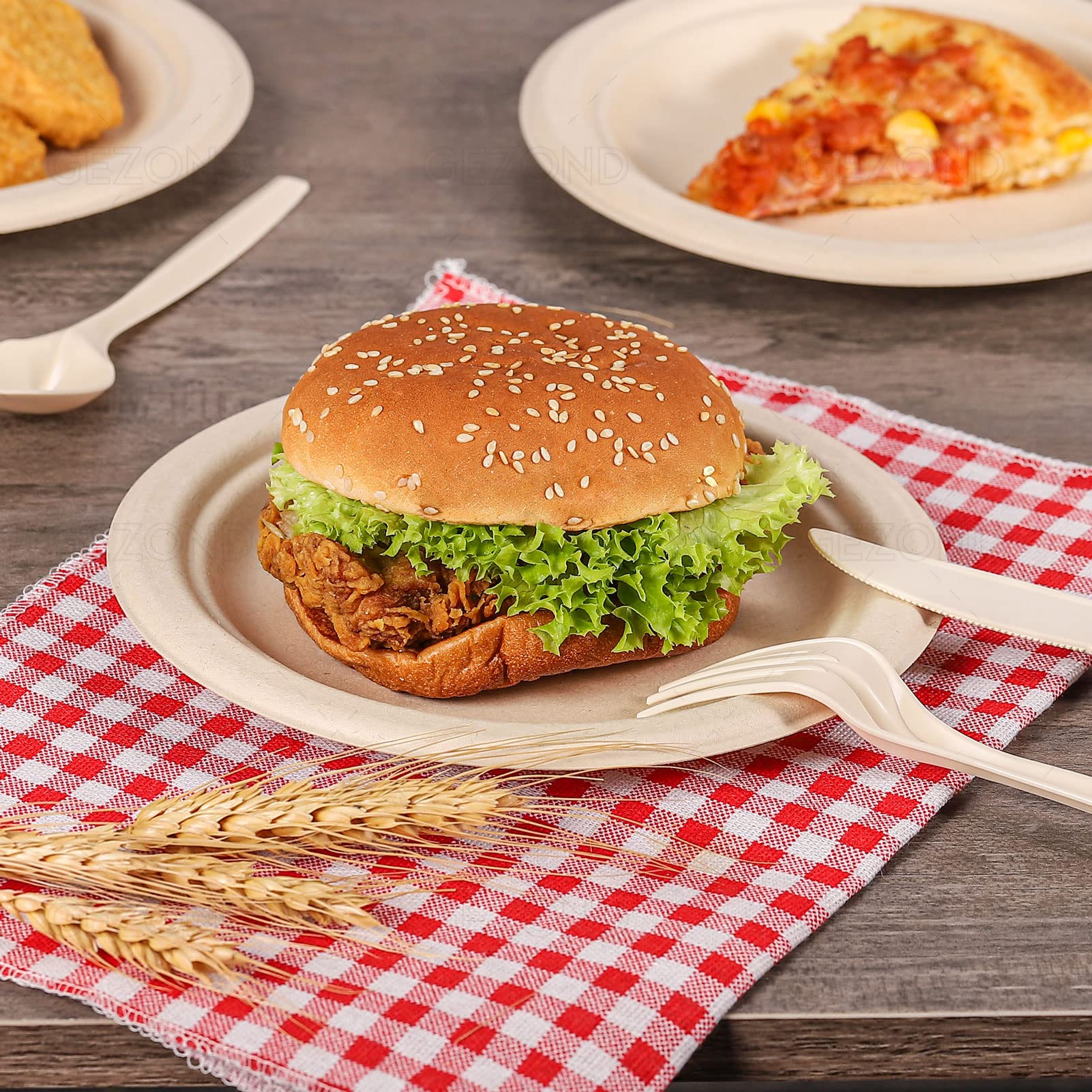 Gezond Compostable Paper Plates 7 Inch, 125pcs Disposable Heavy-Duty Plates Unbleached Biodegradable Plate Made of Sugarcane Fiber