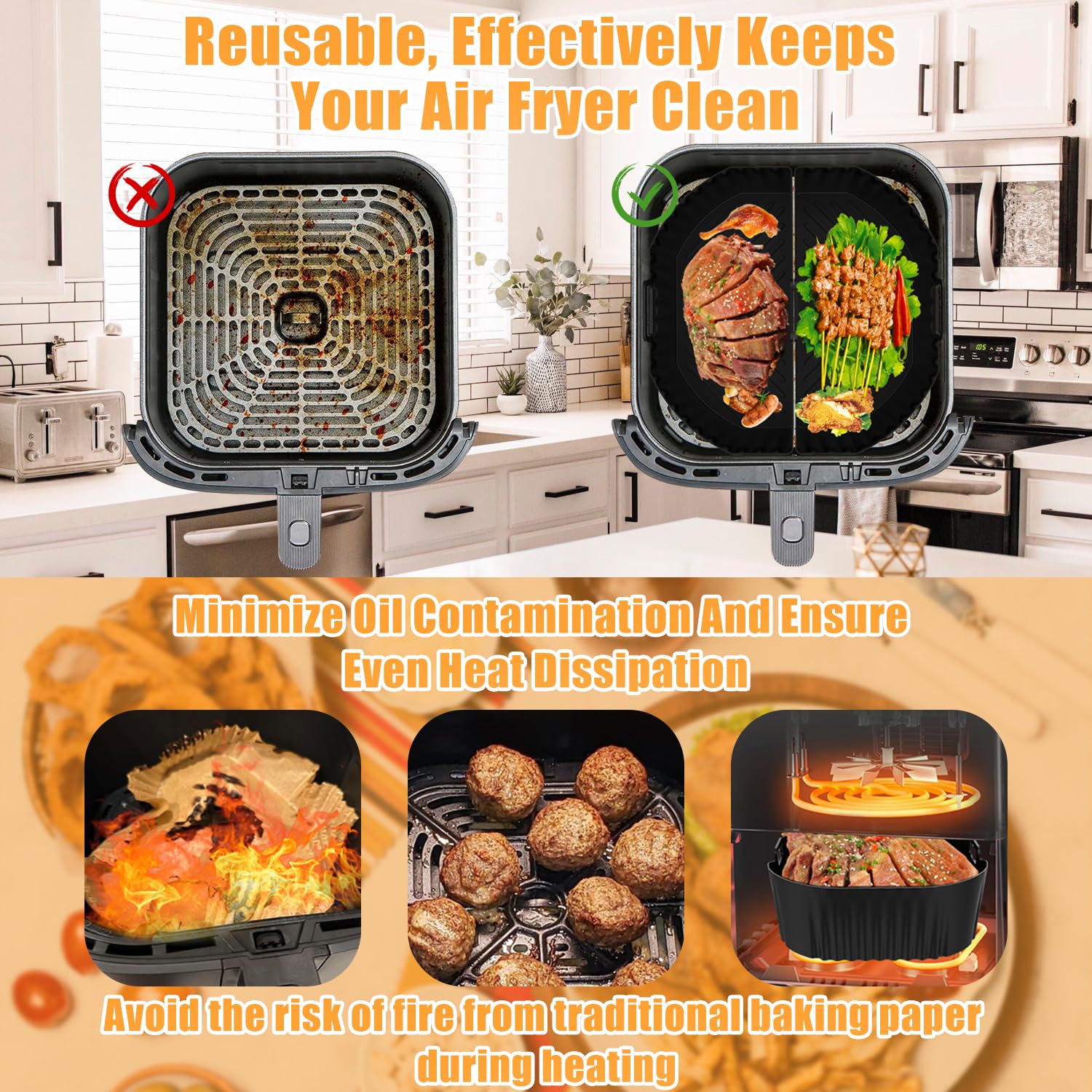 Silicone Air Fryer Liner, 2 PCS 9 Inch Square Air Fryer Basket Liners,Silicone Tray, Air Fryer Inserts for 6 to 9 QT, Reusable Air Fryer Accessories for Cosori Philips Ninja Oven Microwave