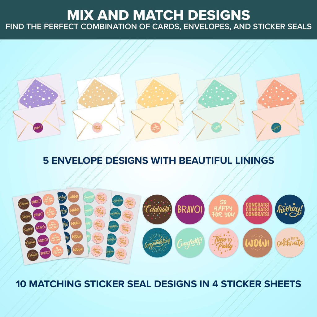 Decorably 50 Pack Gold-Foiled 6x4in Congratulations Greeting Cards with Envelopes and Stickers, 10 Elegant Designs Pack of Congrats Cards, Blank Inside - Graduation, Engagement, Wedding