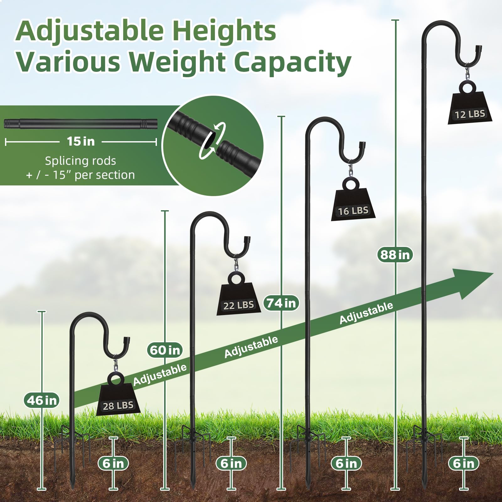 Shepherd Hooks for Outdoor - 62 Inch High, 5/6 Inch Rod Diameter, 5 Prong Base Adjustable Shepherd Hooks, Heavy Duty Feeder Pole for Hanging Flower Baskets Lantern Lights Wind Chime