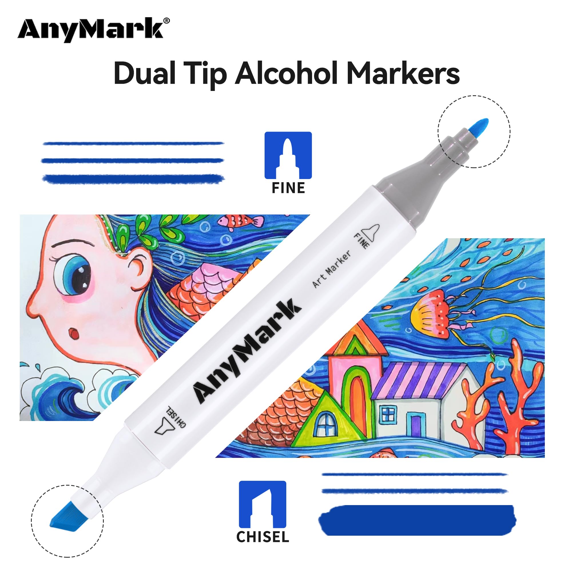 AnyMark Alcohol Markers, 100 Colors Set, Dual Tip Alcohol-Based Art Markers for Adults, Artists, Chisel & Fine Tips for Drawing, Sketching, and Coloring