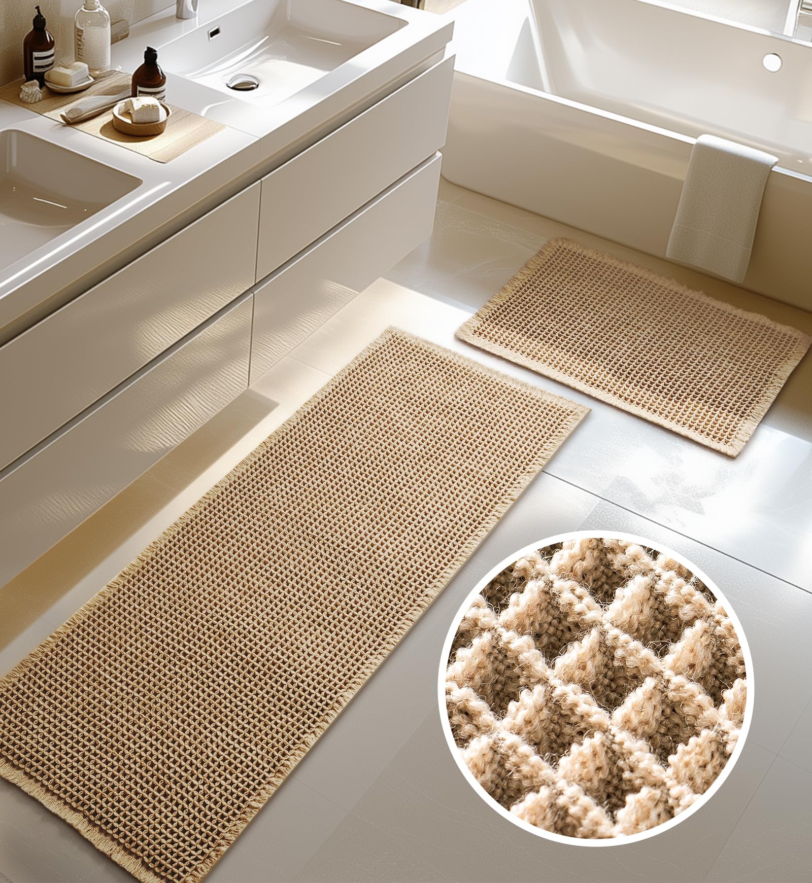 Large Waffle Bath Mat Set of 2, Non Slip Bathroom Mat Set, Ultra Absorbent Bath Mats for Bathroom Decor, Extra Soft Boho Bathroom Rugs Set, 2 Washable Bathroom Floor Mats, 20"×47" and 16"×24", Brown