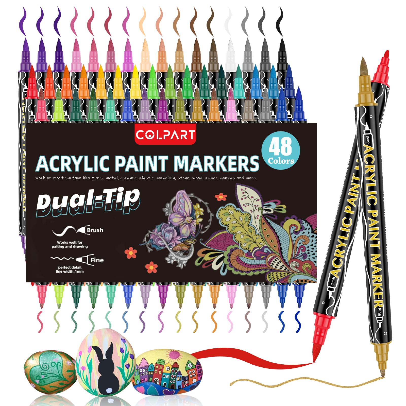 Acrylic Paint Markers,Acrylic Paint Pens,48 Colors Dual Tip Paint Pens with Brush Tip and Fine Tip for Rock Painting,Plastic, Canvas,Easter Eggs DIY Crafts Art Supplies Easter Basket Stuffers