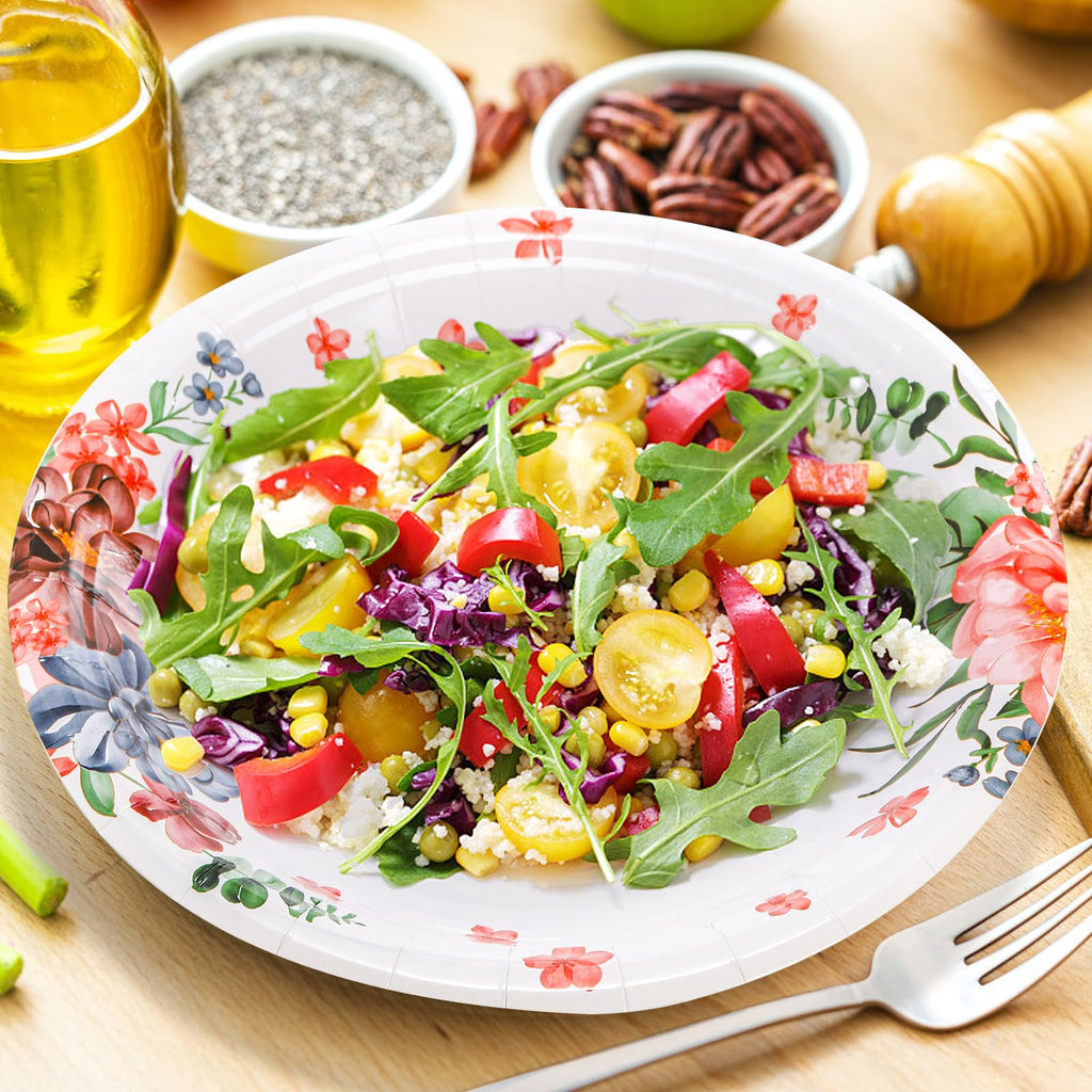 yarlung 200 Pack 9 Inch Disposable Paper Plates, Soak Proof Light Dinner Paper Plates Bulk Floral Printed Disposable Plates for Lunch, Salads, Parties Picnics and Everyday Use, Cut Resistant