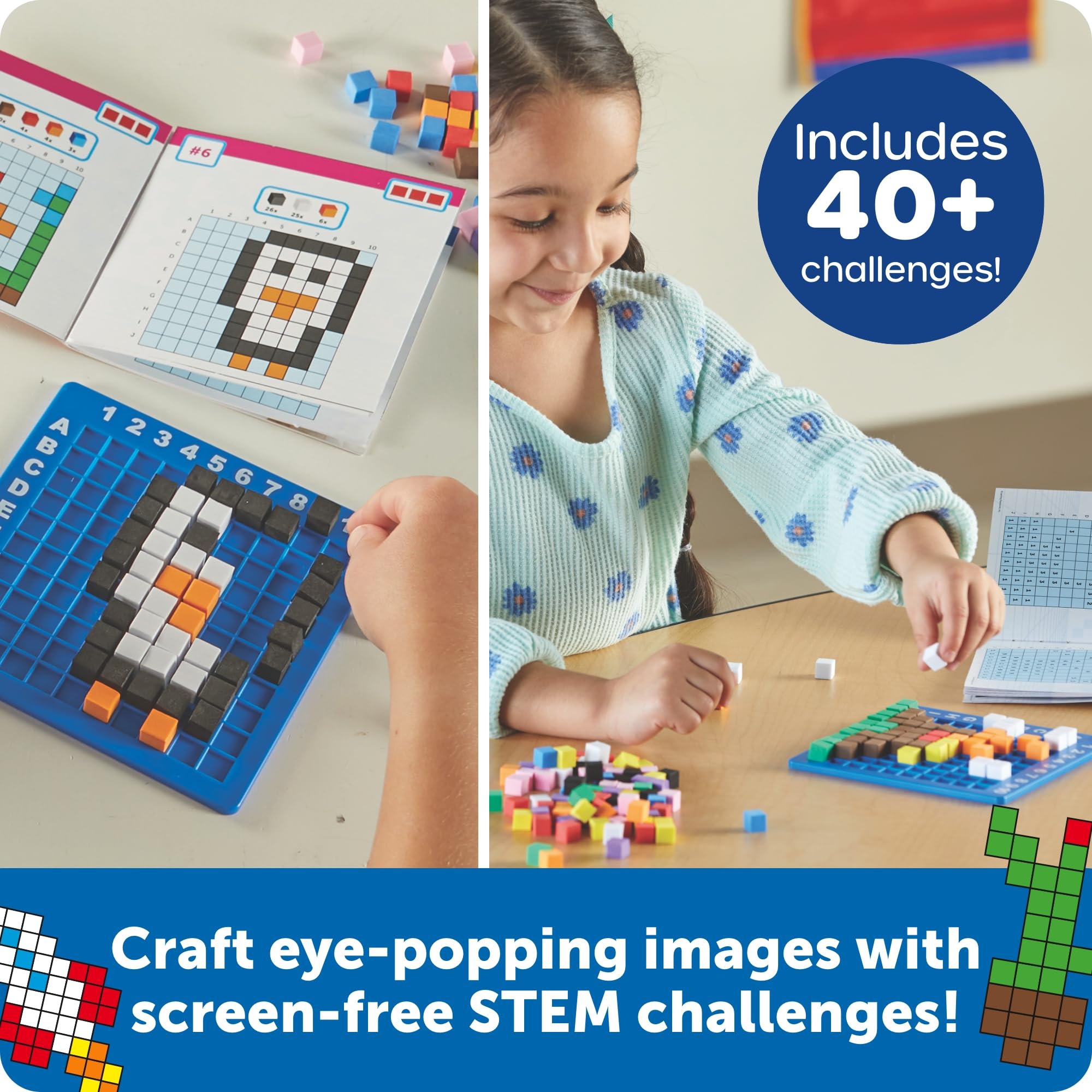 Learning Resources STEM Explorers Pixel Art Challenge - Math Puzzles, Pattern Blocks, Sensory Bin, Arts and Crafts, Math Manipulatives, Building Toys, Montessori