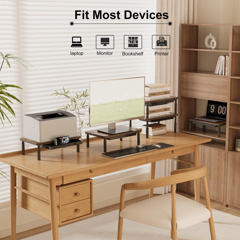 ETHU Monitor Stand for Desk, 3 Height Adjustable Computer Monitor Riser with Storage Drawer, Wood Computer Monitor Stand for Office and Home, Ergonomic Desk Stand for Printer, Laptop, PC (Walnut)