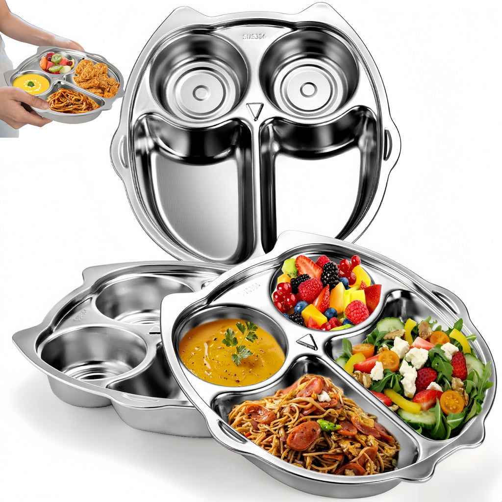 Noamus 3 Pack Stainless Steel Divided Plates, 9 Inch 304 Dinner Platter, Diet Portion Control Tray, 4 Sections Owl Shape Meal Plate for Adult Children Picky Eaters, Camping Dish Lunch Snack