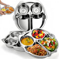 Noamus 3 Pack Stainless Steel Divided Plates, 9 Inch 304 Dinner Platter, Diet Portion Control Tray, 4 Sections Owl Shape Meal Plate for Adult Children Picky Eaters, Camping Dish Lunch Snack