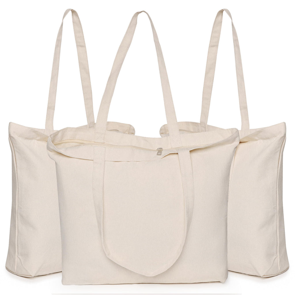 Canvas Tote with Zipper, KOOLMOX 12oz Heavy Duty Canvas Bag with Handles and Zipper & Bottom, Reusable Washable Shopping Bags for Women Groceries, School Teachers, Beige, 3 Packs, 17x13x3.9inch