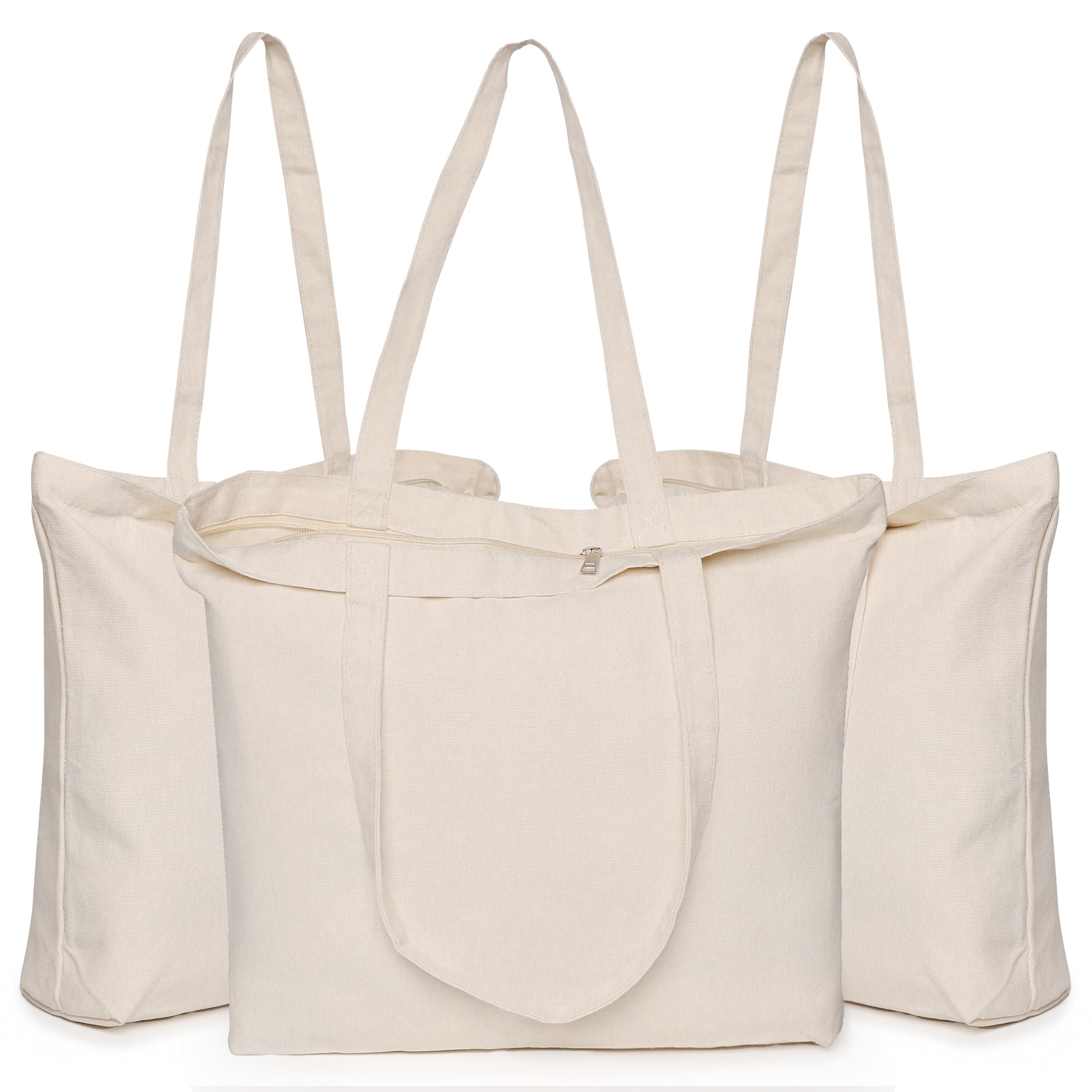 Canvas Tote with Zipper, KOOLMOX 12oz Heavy Duty Canvas Bag with Handles and Zipper & Bottom, Reusable Washable Shopping Bags for Women Groceries, School Teachers, Beige, 3 Packs, 17x13x3.9inch