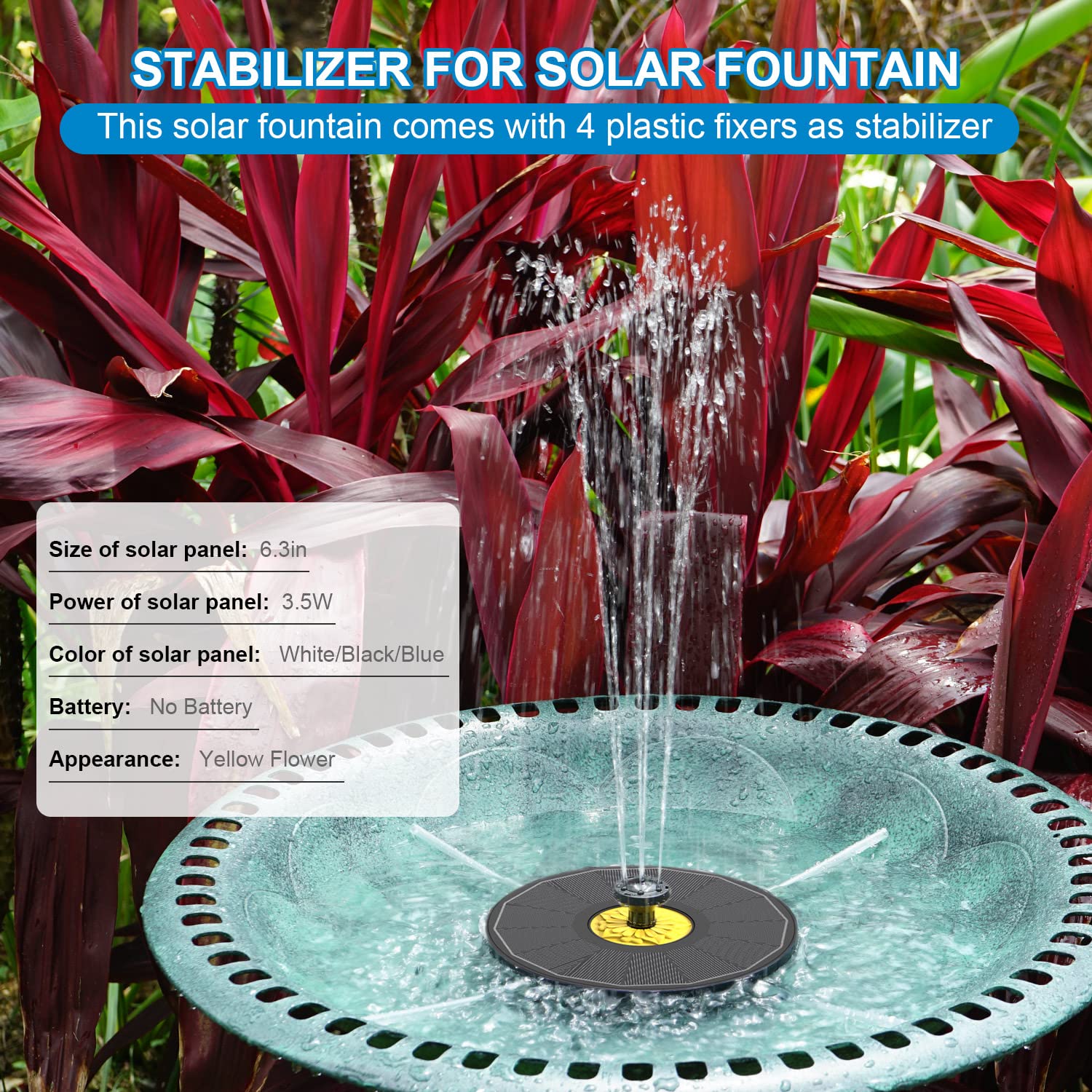 Yzert Solar Bird Bath Fountains, Upgraded Glass Panel Solar Fountain Pump for Bird Bath Small Ponds Pool Outdoor, 3.5W Solar Water Fountain with 4 Fixed Pipes 7 Nozzles(Black)