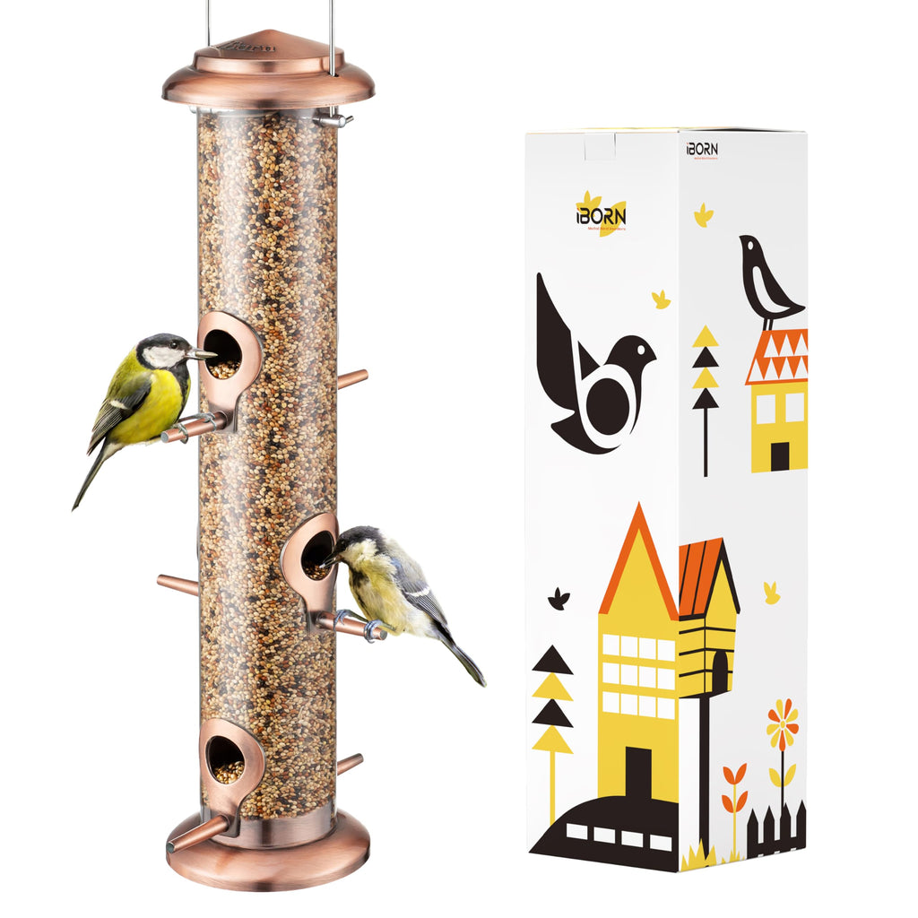 iBorn Metal Bird Feeders Brushed Copper Wild Bird Feeder for Outdoors Hanging All Metal Brushed Copper Finishing 15 Inch 6 Port,Pack of 1(Seed is not Included)