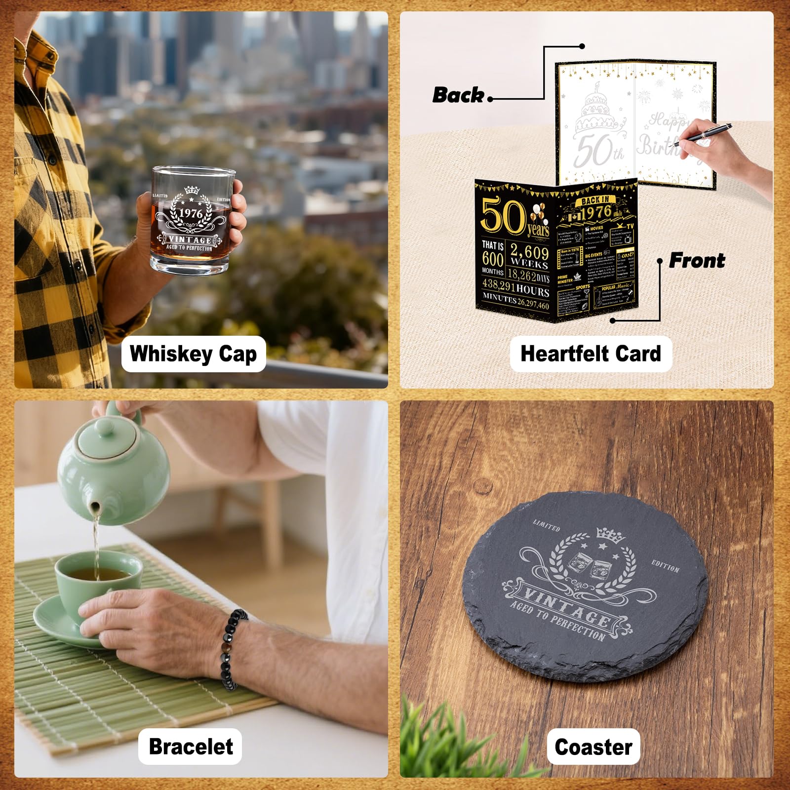 50th Birthday Gifts for Him, Happy 50th Birthday Decorations for Men, 50 Year Old Gifts for Man Who Have Everything, 1976 50th Birthday Gift Baskets for Men Whiskey Glass Baseball Cap Socks Stones