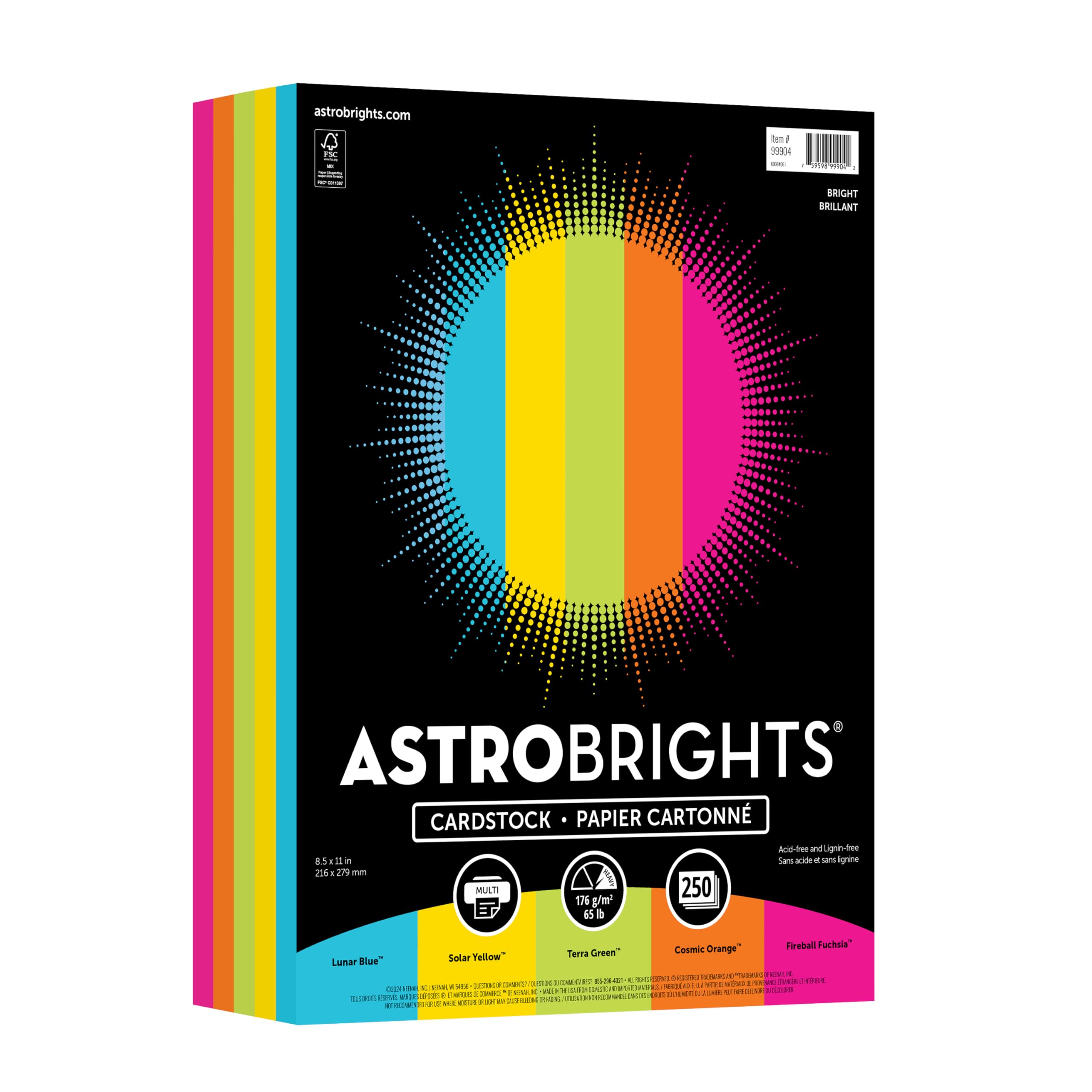 Astrobrights Colored Cardstock, 8.5” x 11”, 65 lb/176 gsm, “Bright” 5-Color Assortment, 250 Sheets (99904)