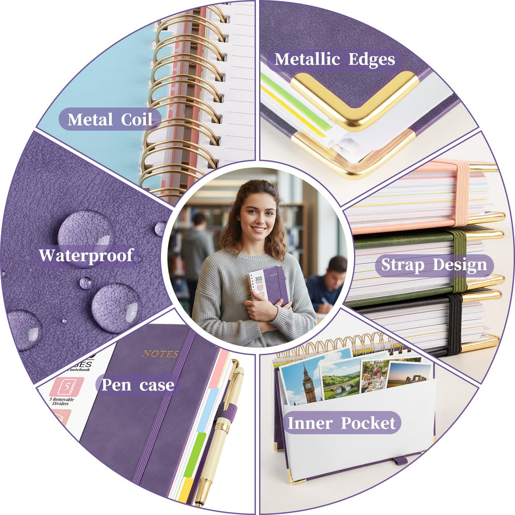 Lined Spiral Journal Notebook, 300 Numbered Pages A5 Size 5 Subject Notebooks College Ruled with Tabs and Removable Dividers, 100GSM Thick Spiral Ruled Lined Writing Journal, Hardcover Leather Notebook for Work, School (Purple)