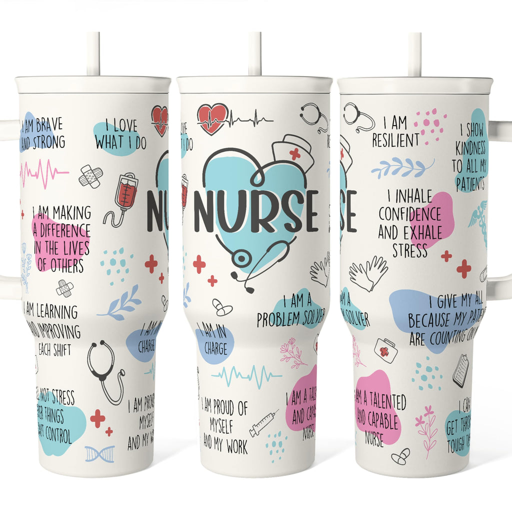 Nurse Tumbler with Handle 40oz, Coffee Travel Mug with Straw, Inspiration Gifts for Women Female Nurses, Nursing Gift for Birthday Christmas Nurse Week