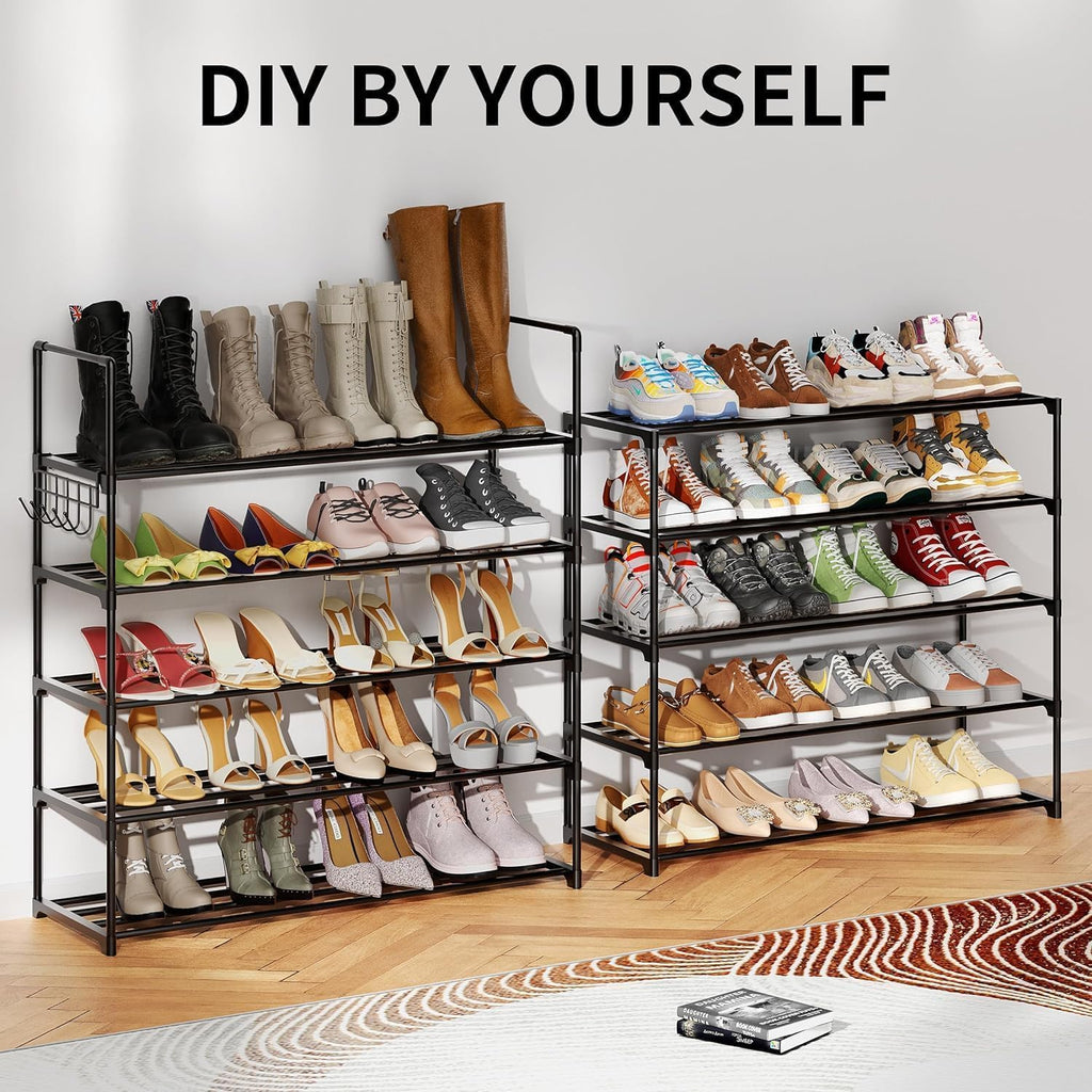 HOMICKER Shoe Rack,5 Tier Shoe Organizer Large Shoe Storage with Hooks,Fit 20-25 Pairs Shoes,Mental Shoe Shelf for Closet,Entryway,Garage,Bedroom