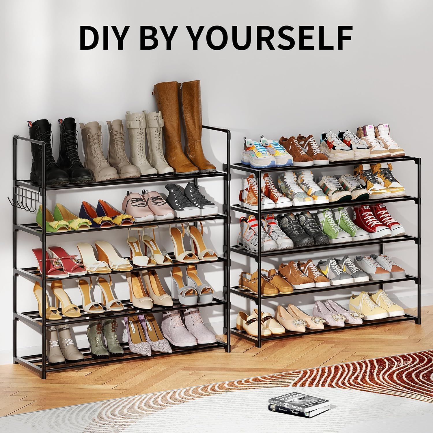 HOMICKER Shoe Rack,5 Tier Shoe Organizer Large Shoe Storage with Hooks,Fit 20-25 Pairs Shoes,Mental Shoe Shelf for Closet,Entryway,Garage,Bedroom