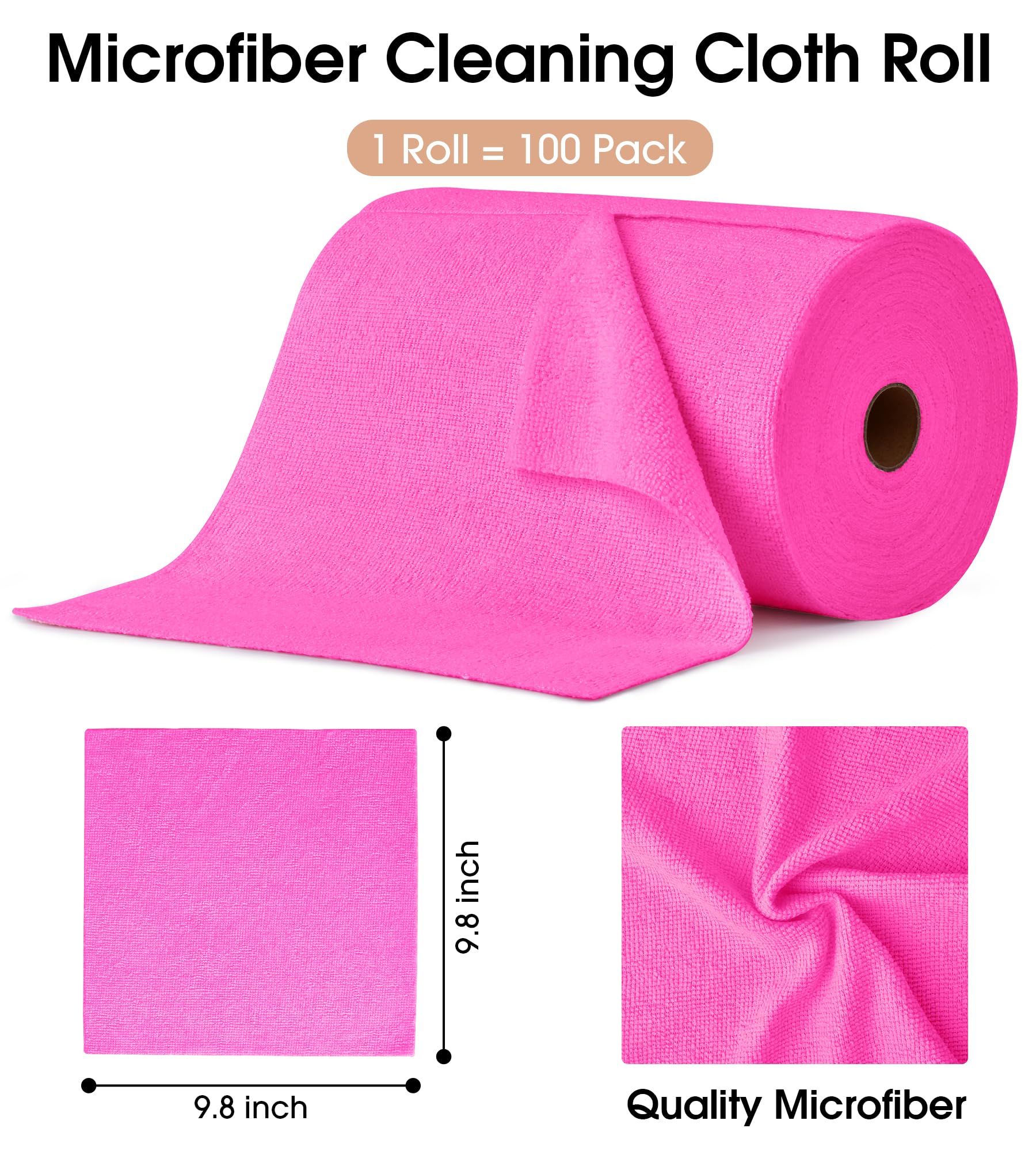 KitchLife Microfiber Cleaning Cloth Roll -100 Pieces, Tear Away Towels, Reusable, Washable, Lint Free, Ultra Absorbent Dishcloths Rags for Home, Kitchen, Car, Garage or Workshop (Hot Pink)