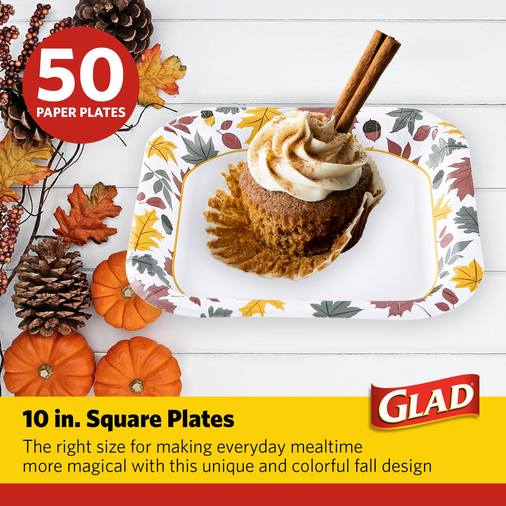 Glad Everyday Square Disposable Paper Plates with Falling Foliage Design | Cut-Resistant, Microwavable Paper Plates for All Foods & Daily Use | 10 Inches, 50 Count