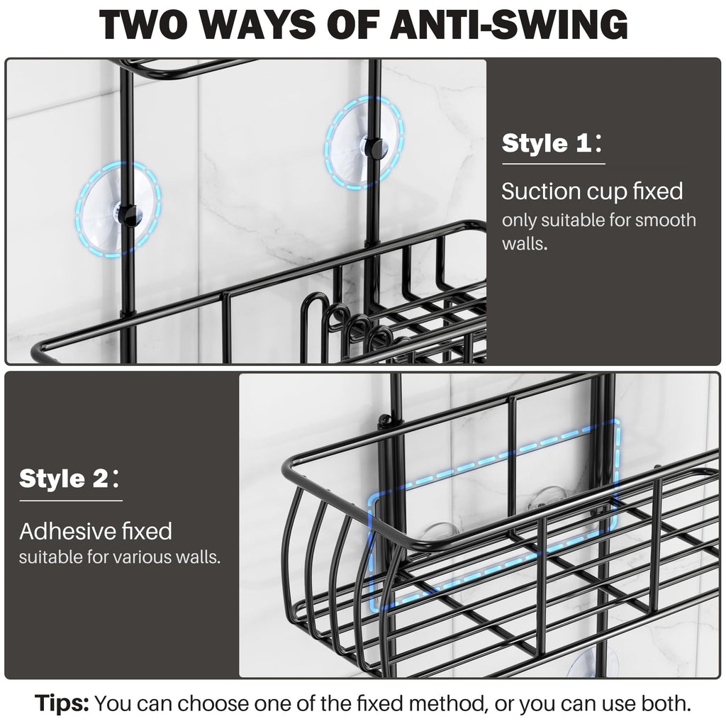 Epicano Anti-Swing Hanging Shower Caddy, Over Head Shower Caddy Rustproof with Hooks for Towels, Sponge and More, Metal Black