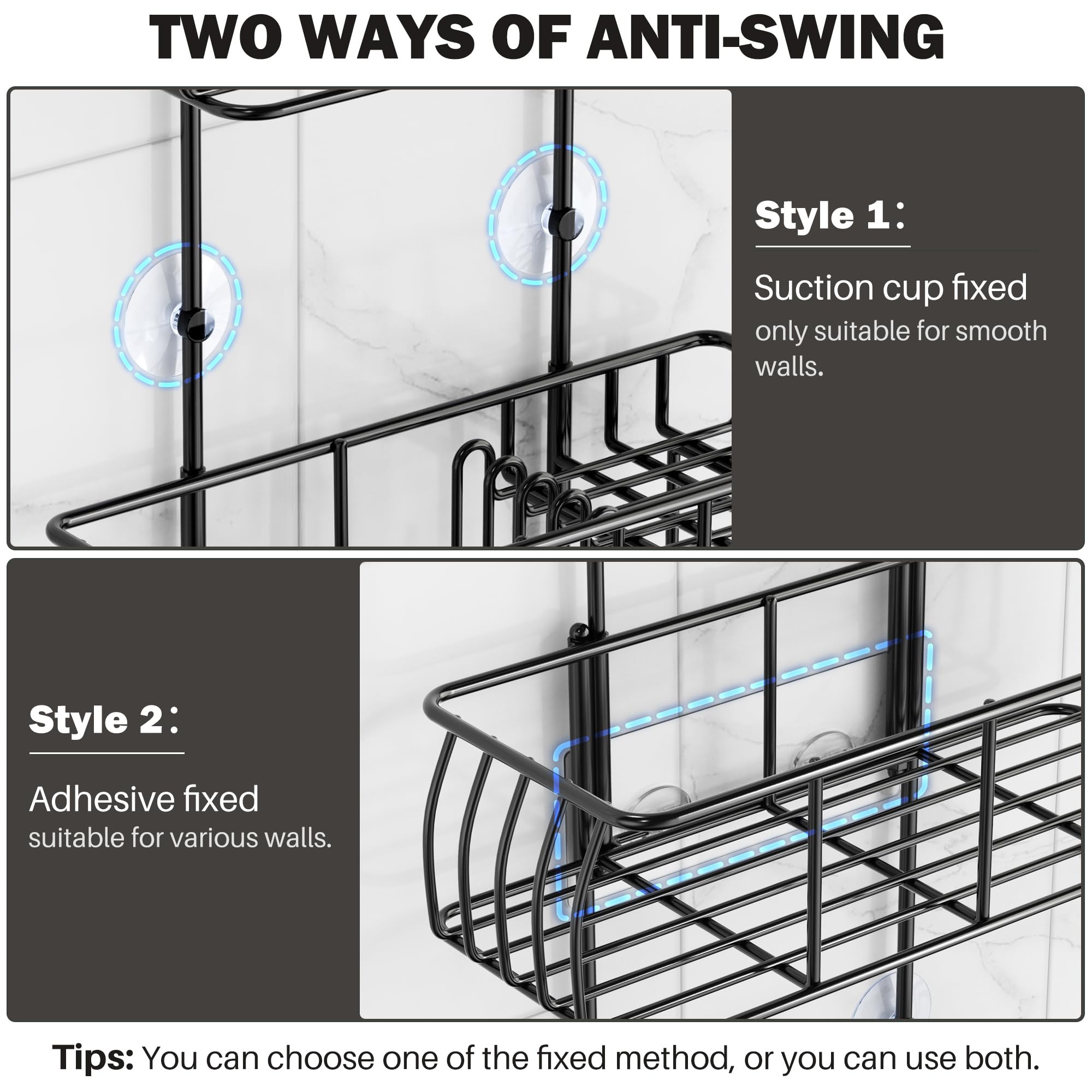 Epicano Anti-Swing Hanging Shower Caddy, Over Head Shower Caddy Rustproof with Hooks for Towels, Sponge and More, Metal Black