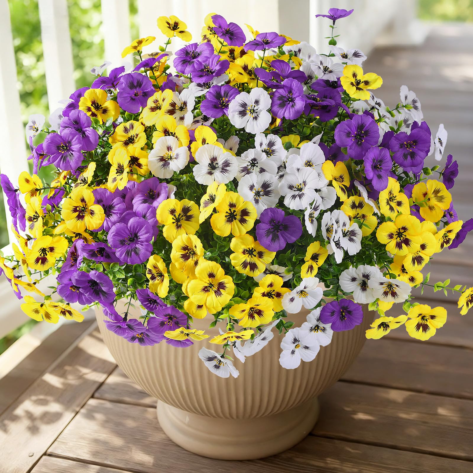 Alupssuc 24 Bundles Artificial Flowers for Outdoors Spring Decoration, Fake Flowers UV Resistant Realistic Pansies with Eucalyptus Silk Faux Flowers for Porch Patio Yard, Purple Yellow White