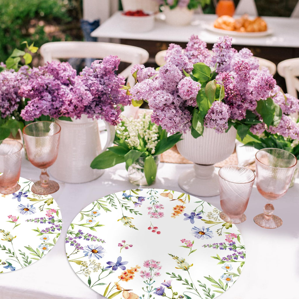 Paper Placemats Disposable 50 Pack Spring Flowers Place Mats 13.4 Inch Round Decorative Wildflower Table Mats for Spring Birthday Bridal Wedding Party Supplies