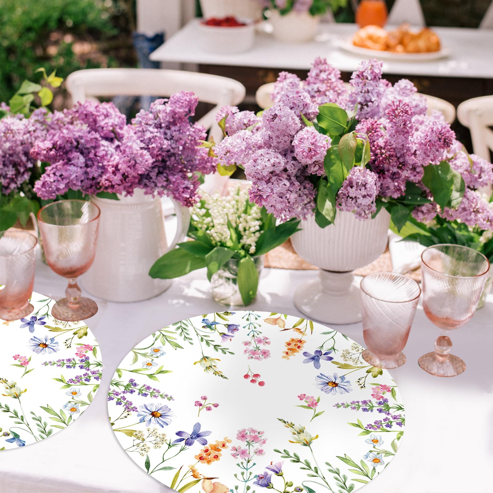 Paper Placemats Disposable 50 Pack Spring Flowers Place Mats 13.4 Inch Round Decorative Wildflower Table Mats for Spring Birthday Bridal Wedding Party Supplies