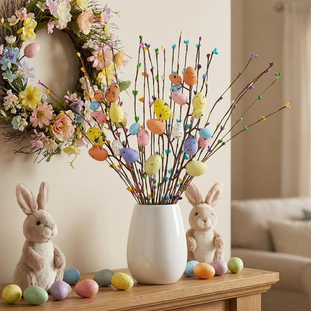 Artificial Easter Spray Vine with 2 Pastel Easter Eggs and 24 Berries - 26Pcs Spring Floral Stems for Floral Arrangement, Wreath, Centerpiece, Easter Home Decor