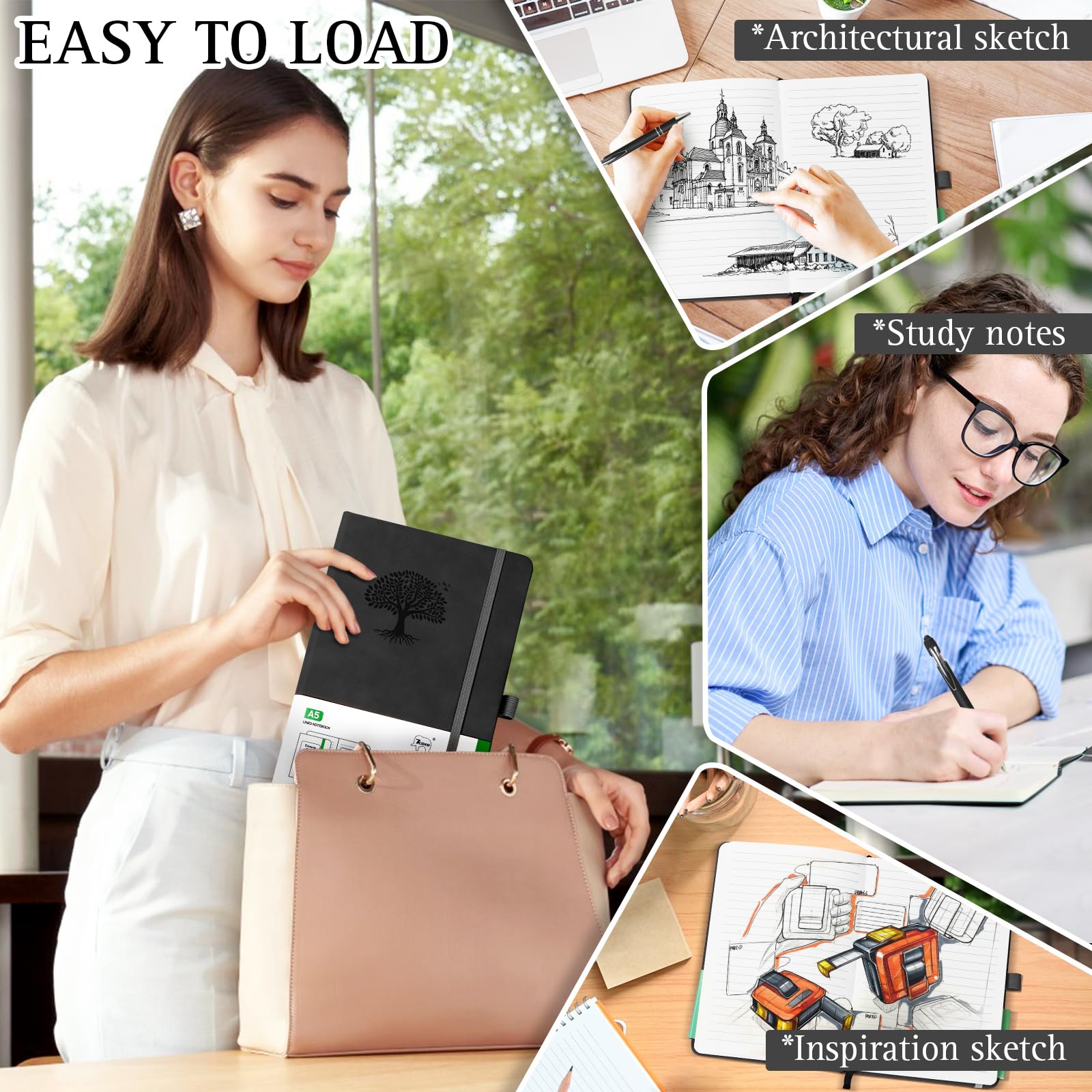 3 Pack Notebook for Work, Leather Journal for Women Men, A5 College Ruled Journal Notebook, Hardcover Notebooks with Pens,100GSM Paper, Office Supplies(Grey & Black & Green)