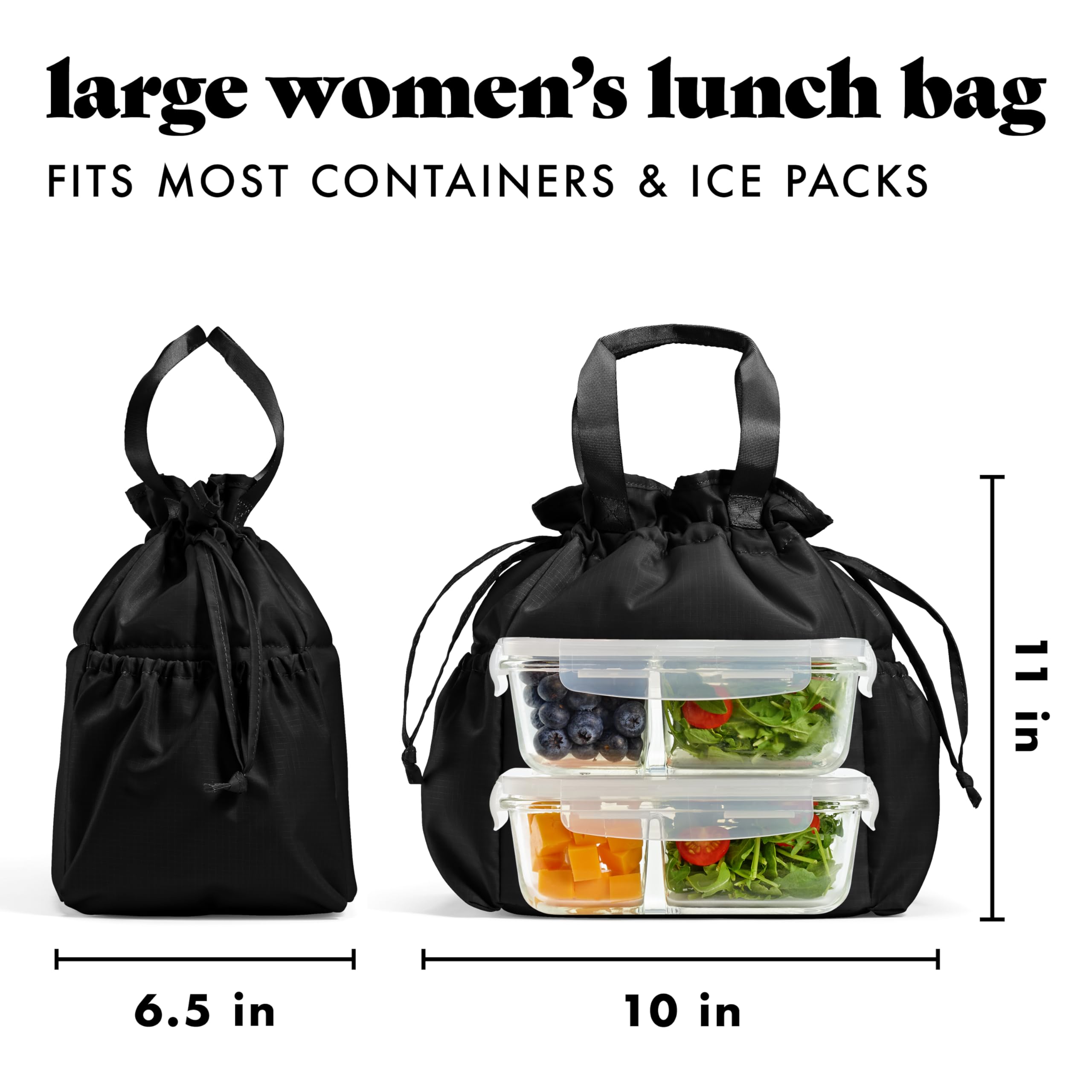 Fit & Fresh Lunch Bag for Women, Insulated Womens Lunch Bag for Work, Stain-Resistant Large Lunch Box for Women with Containers, Cinch Closure Cromwell Bag, Black