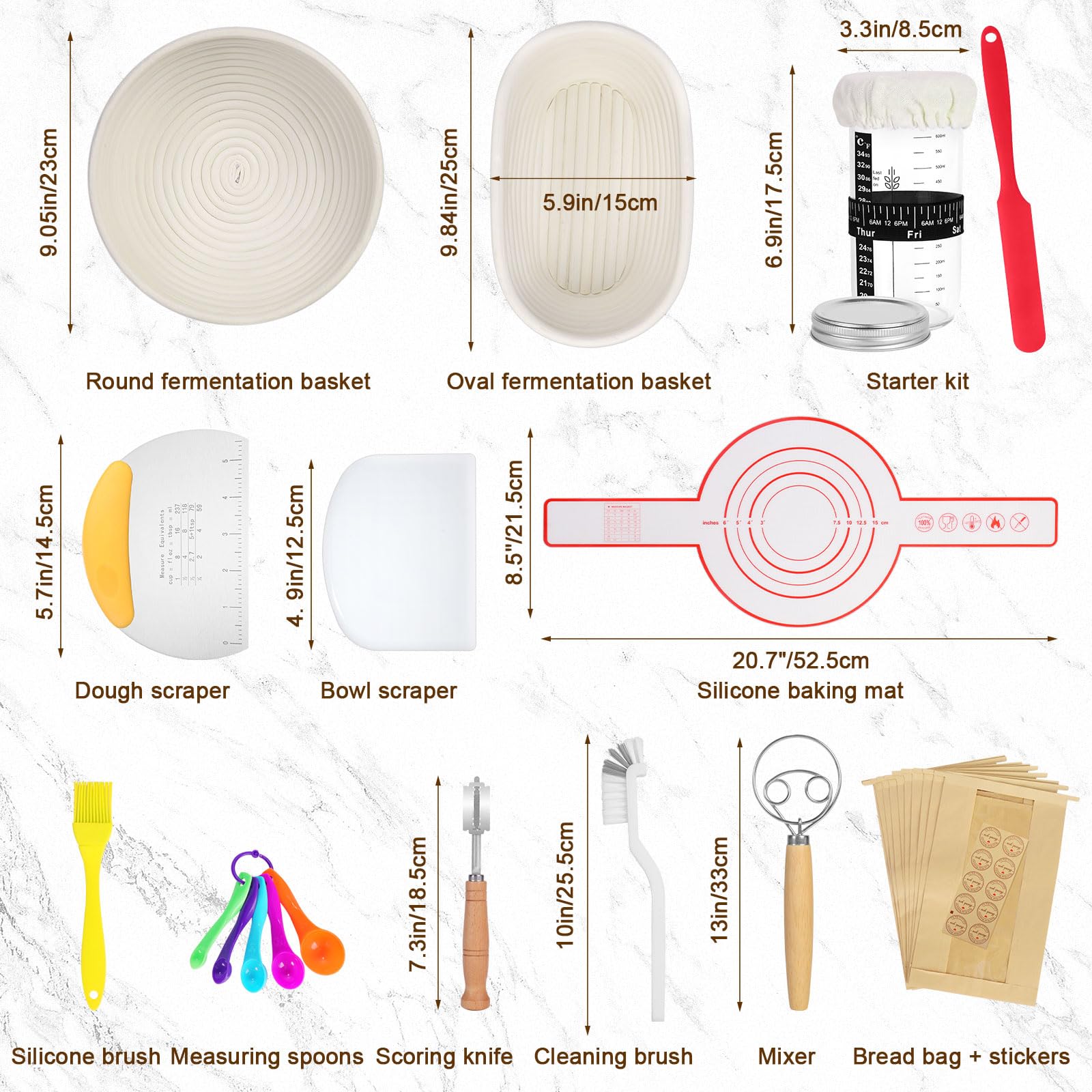 SHANNA Sourdough Bread Starter Kit, 15pcs Sourdough Tools, Round and Oval Banneton Proofing Basket, Home Bread Proofing Basket, Sourdough Kit for Beginners and Bakers (15PCS)