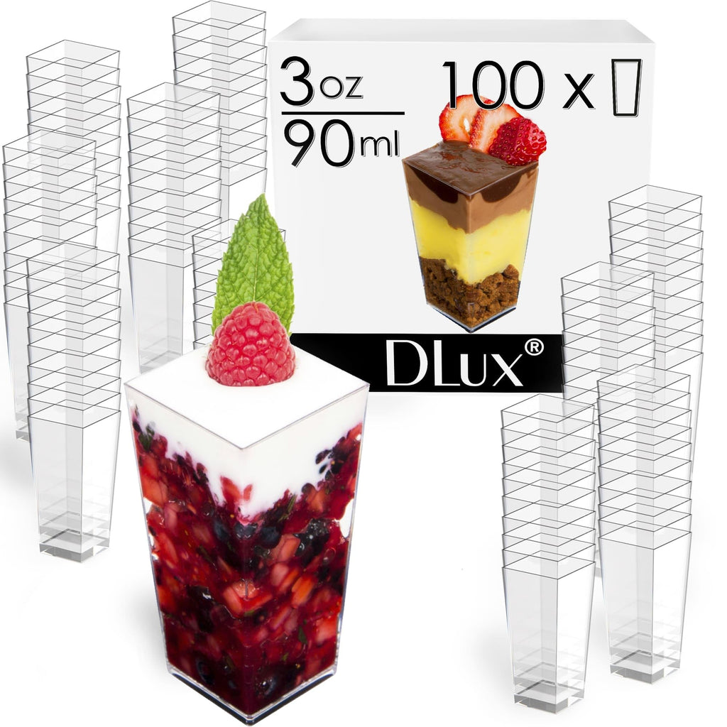 DLux 100 x 3 oz Mini Dessert Cups (no Spoons), Square Tall - Clear Plastic Parfait Appetizer Cup - Small Reusable Serving Bowl for Tasting Party Desserts Appetizers - with Recipe eBook