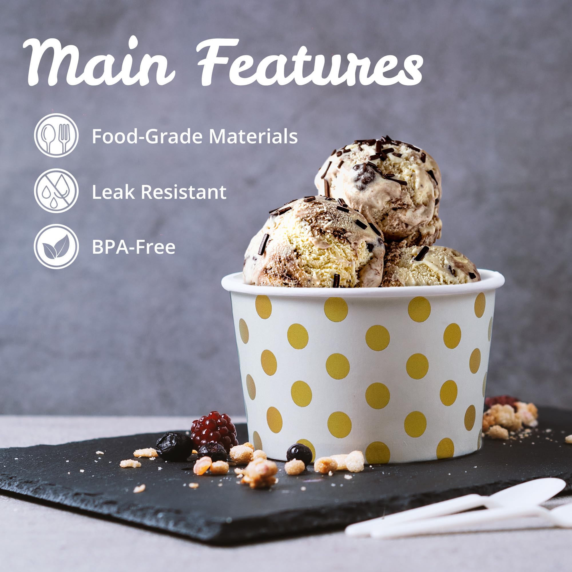 MATICAN 50-Count Paper Ice Cream Cups - 16-Oz Disposable Dessert Bowls with Gold Foil Polka Dots
