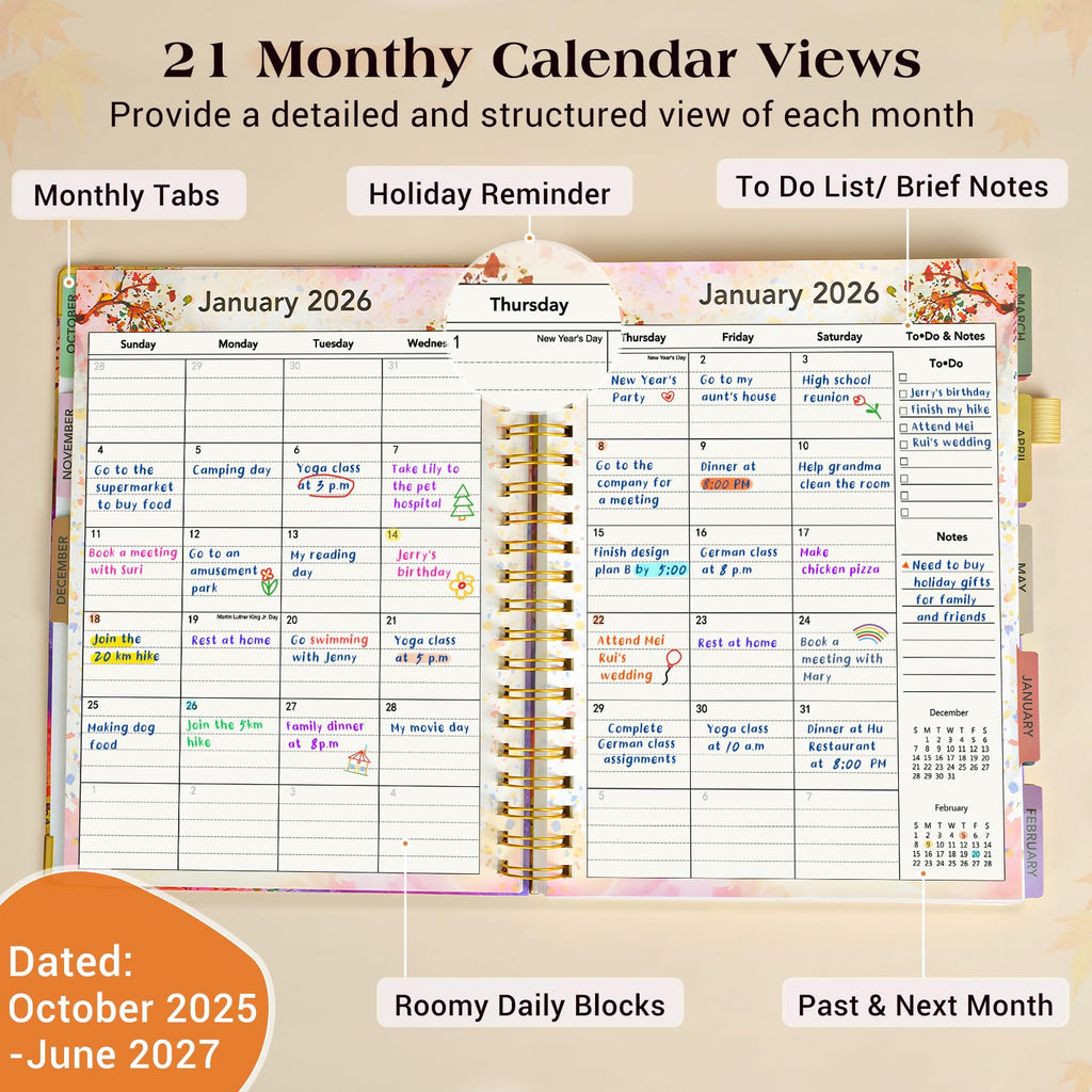 Planner 2026-2027, 18 Months Weekly and Monthly Daily Planner from January 2026 - June 2027, 8.5" x 11" A4 Large Hardcover Agenda Organizer Book 2026 with Tabs, Spiral Yearly Calendar Planners for School Work Home, Autumn Tree