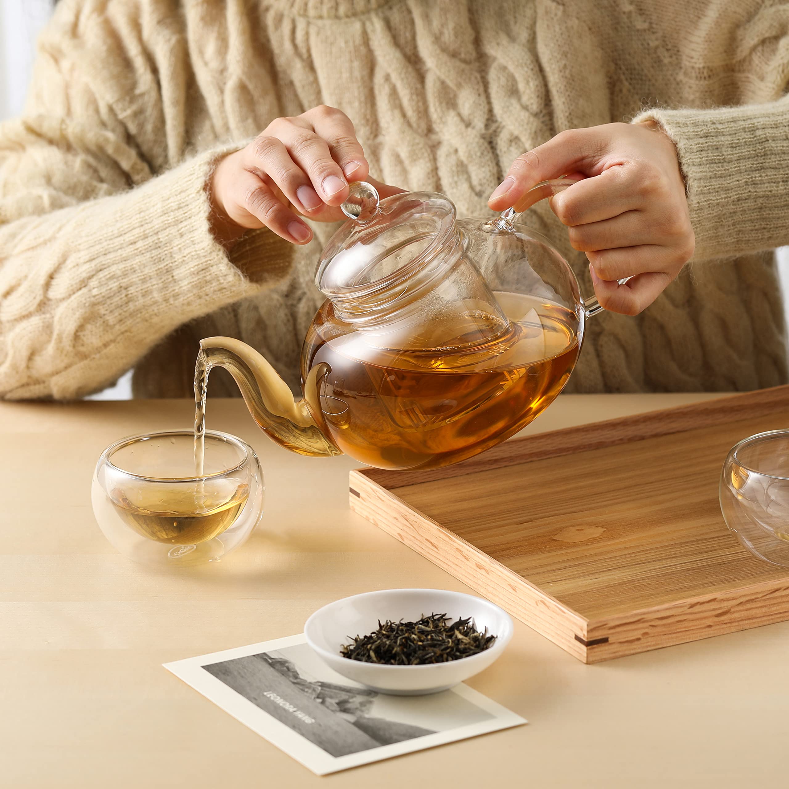 CnGlass Glass Teapot Stovetop Safe,Clear Teapot with Removable Infuser 20.3 oz,Loose Leaf and Blooming Tea Maker
