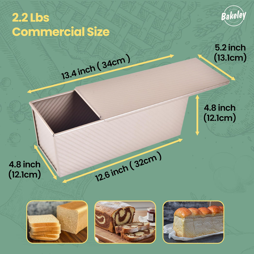 Bakeley Commercial Pullman Loaf Pan with Lid, 2.2Lb Dough Capacity Non-Stick Rectangle Corrugated Carbon Steel Bread Toast Mold with Cover for Baking Bread (Champagne Gold)