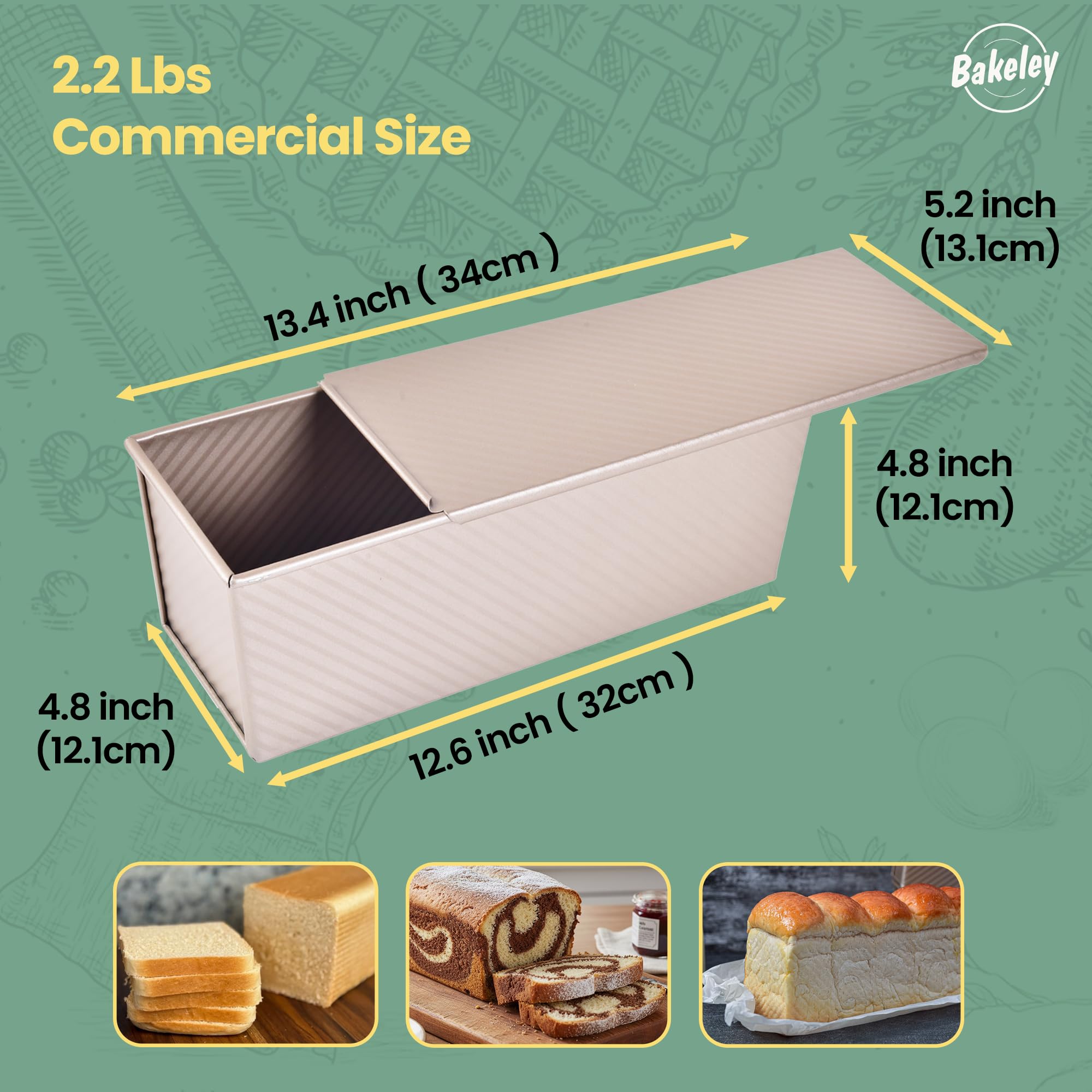 Bakeley Commercial Pullman Loaf Pan with Lid, 2.2Lb Dough Capacity Non-Stick Rectangle Corrugated Carbon Steel Bread Toast Mold with Cover for Baking Bread (Champagne Gold)