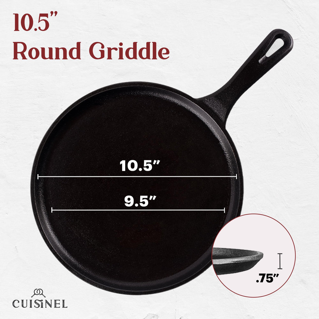 Cast Iron Round Griddle – 10.5” Crepe Pan - Pre-Seasoned Skillet with Silicone Handle Grip – Grill, Oven, Stove Top and Induction Safe
