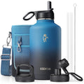 Half Gallon Water Bottle Insulated with Straw & 3 Lids, Coolflask 64 oz Water Jug Large Metal Stainless Steel Wide Mouth for Sports, Gym or Office, BPA-Free Keep Cold 48H Hot 24H, Magic Black