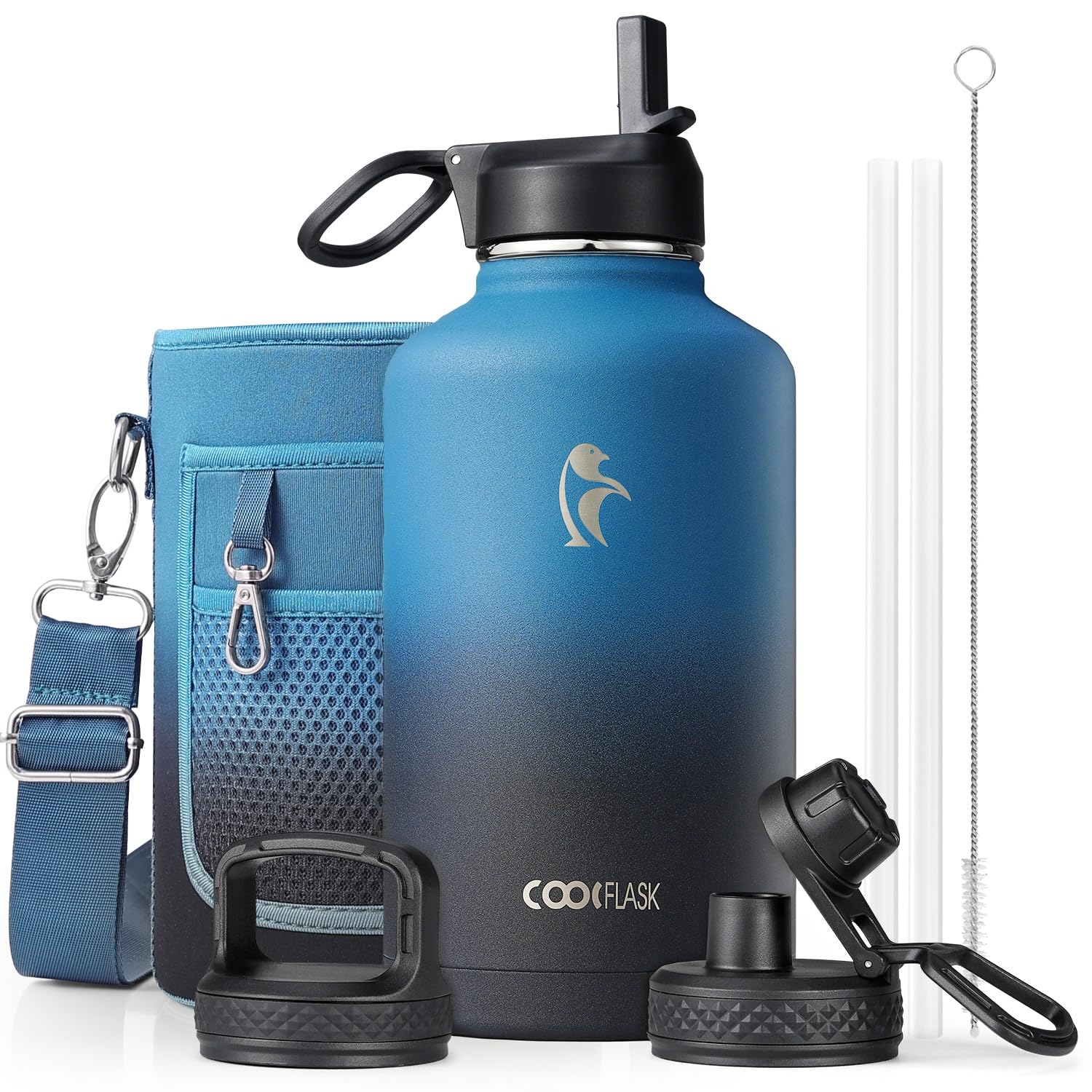 Half Gallon Water Bottle Insulated with Straw & 3 Lids, Coolflask 64 oz Water Jug Large Metal Stainless Steel Wide Mouth for Sports, Gym or Office, BPA-Free Keep Cold 48H Hot 24H, Magic Black