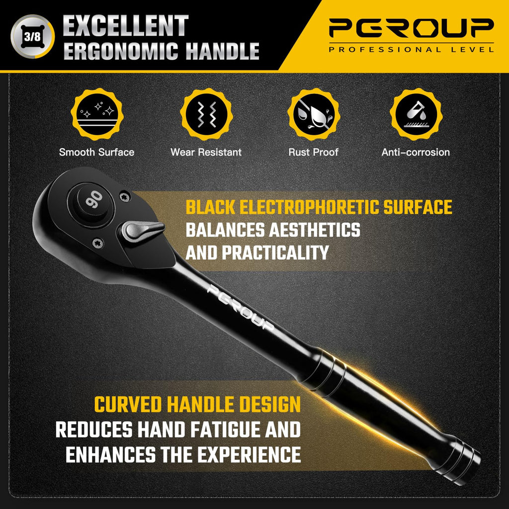 pgroup 3/8-Inch Drive Ratchet Wrench, 90 Tooth Reversible Ratchet, 4-Degree Swing, Ergonomic Handle, Chrome Alloy Made, Quick Release Ratchet Wrench for Repairing, Home, DIY