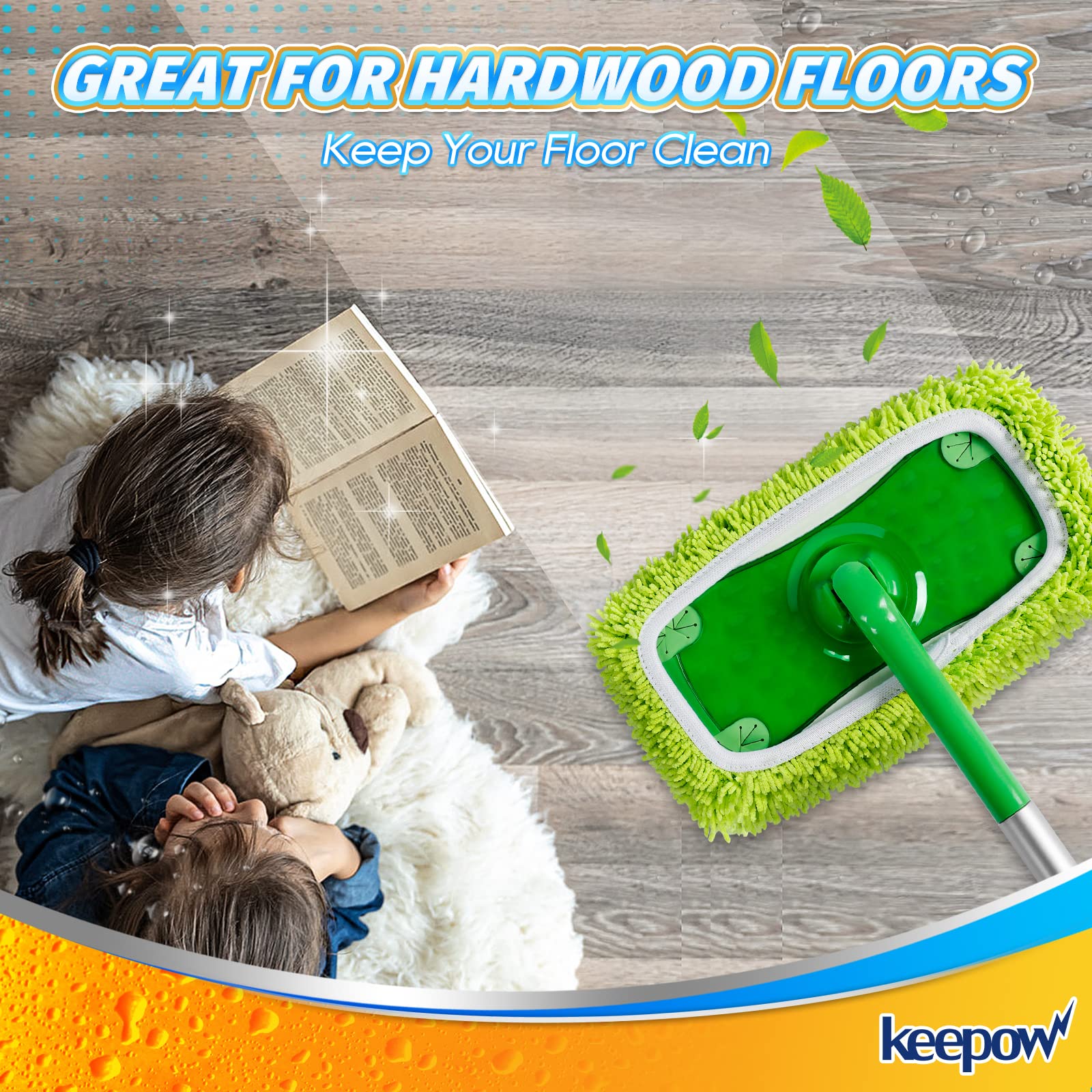 KEEPOW Reusable Microfiber Mop Pads Compatible with Swiffer Sweeper Mop, Dry Sweeping Cloths, Washable Wet Mopping Cloth Refills for Surface/Hardwood Floor Cleaning, 4 Pack (Mop is Not Included)