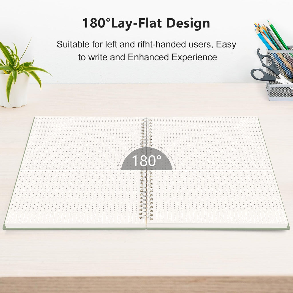 RETTACY Dotted Journal Notebook, 300 Pages, A4 Large Size (21 x 28 cm), 100 GSM Thick Paper, Flexible Plastic Cover, Spiral-bound, for Journaling, Planning, Tracking (Light Green)