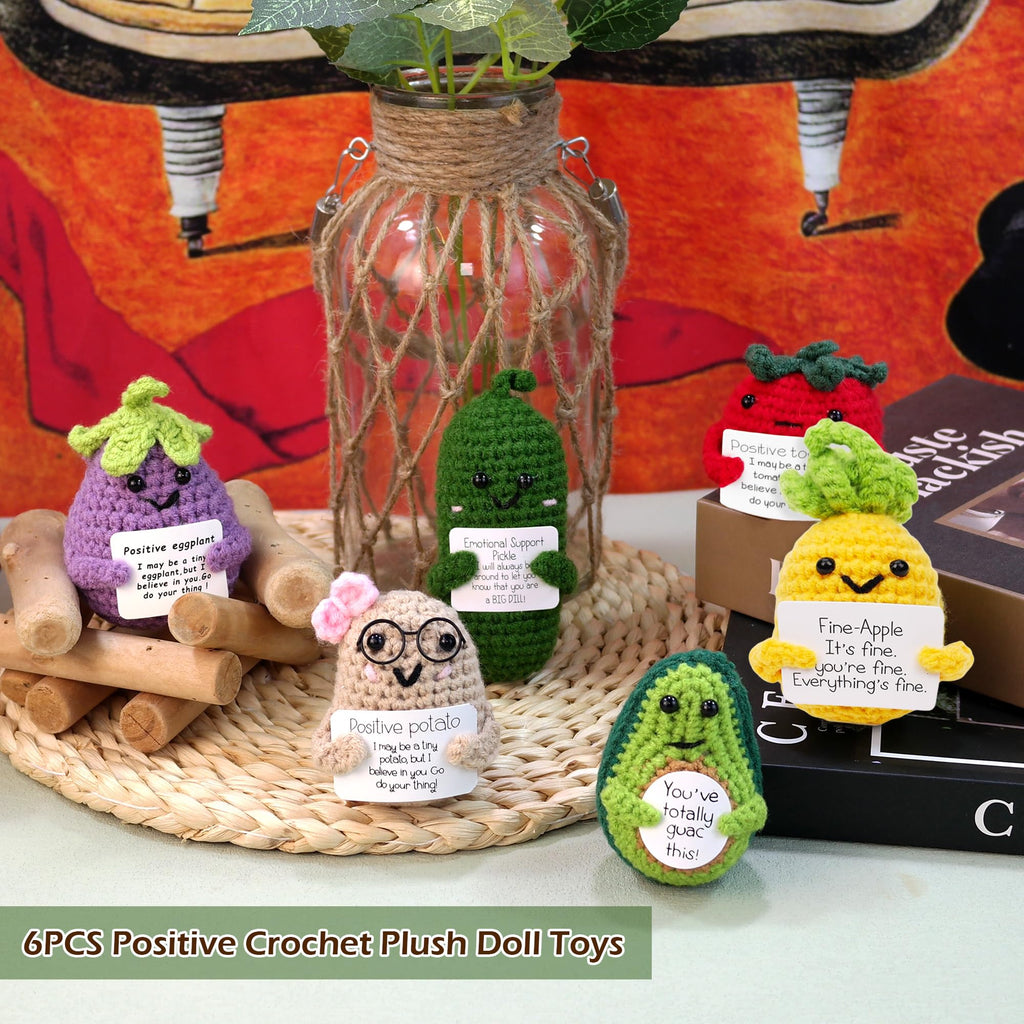 QNNEFF 6PCS Positive Potato Cute Emotional Support Pickle Funny Mini Positive Crochet Dolls Avocado Pineapple Eggplant Tomato Holding Positive Cards Wool Knitted Toy Encouragement Gifts