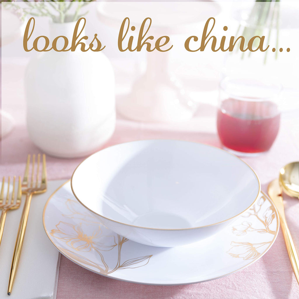 [16 OZ 40 Count] White Plastic Floral Design Party Soup bowls With Gold Rim Premium heavyweight Elegant Disposable Tableware Dishes