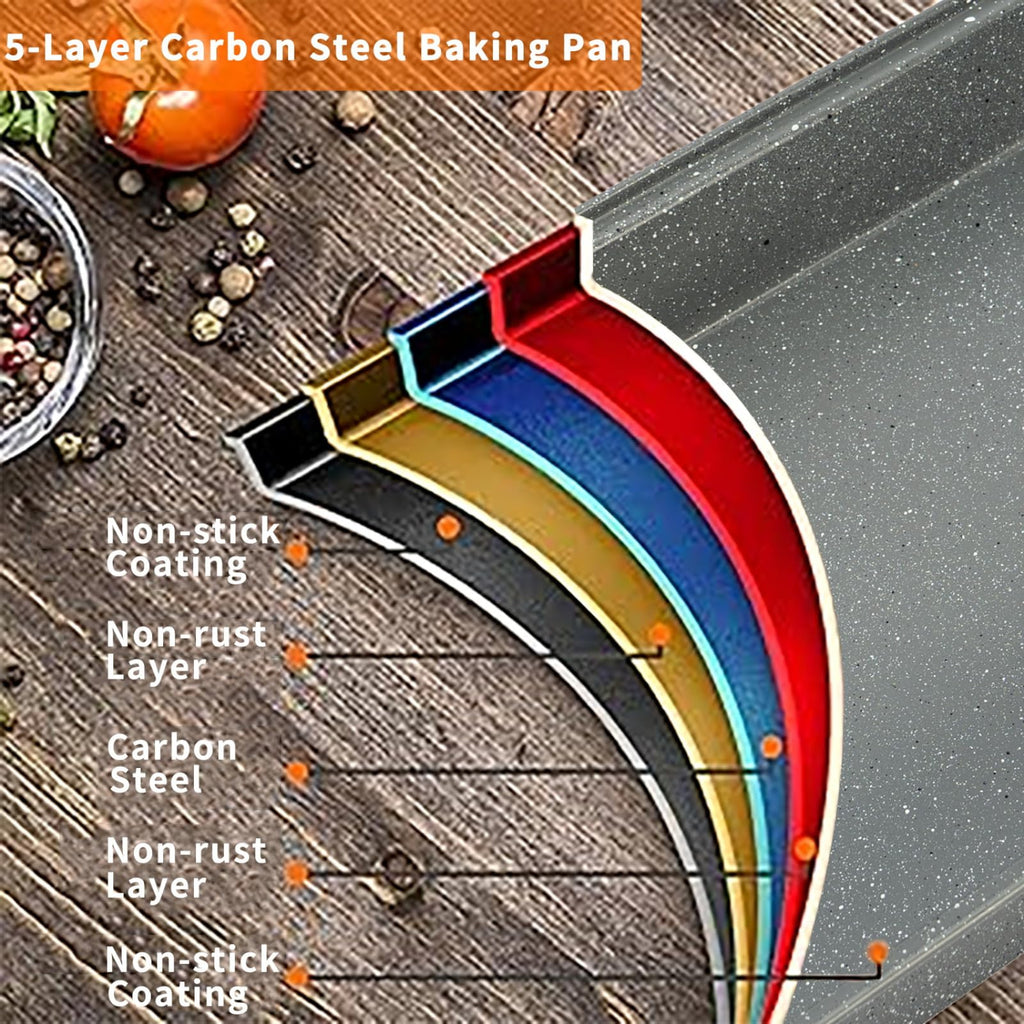 Barlket Baking Pans Set, Baking Set Nonstick with Grey Marble Coating, 5-Piece, Oven Safe, Even Heating, Stackable Bakeware Set with Carbon Steel Round/Square Cake Pan, Muffin, Bread Tin
